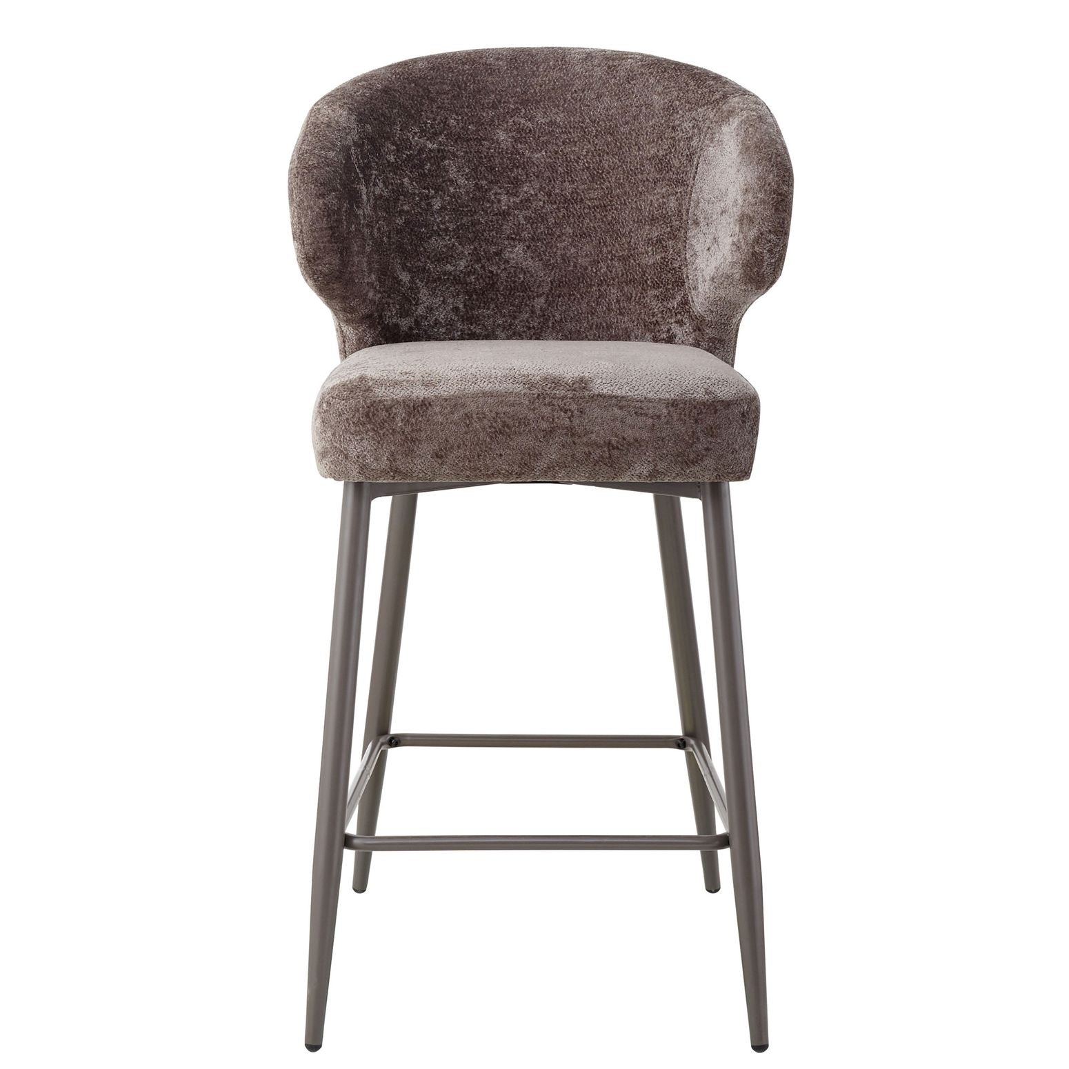 Der Barhocker Ares in Grey mit weicher Polsterung und eleganten moccafarbenen Metallfüßen für zeitlose Bar-Eleganz.
