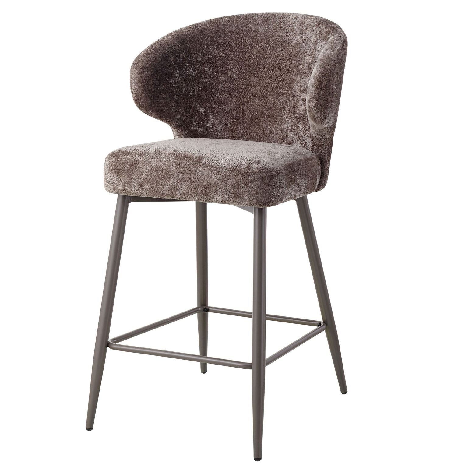Der Barhocker Ares in Grey mit weicher Polsterung und eleganten moccafarbenen Metallfüßen für zeitlose Bar-Eleganz.