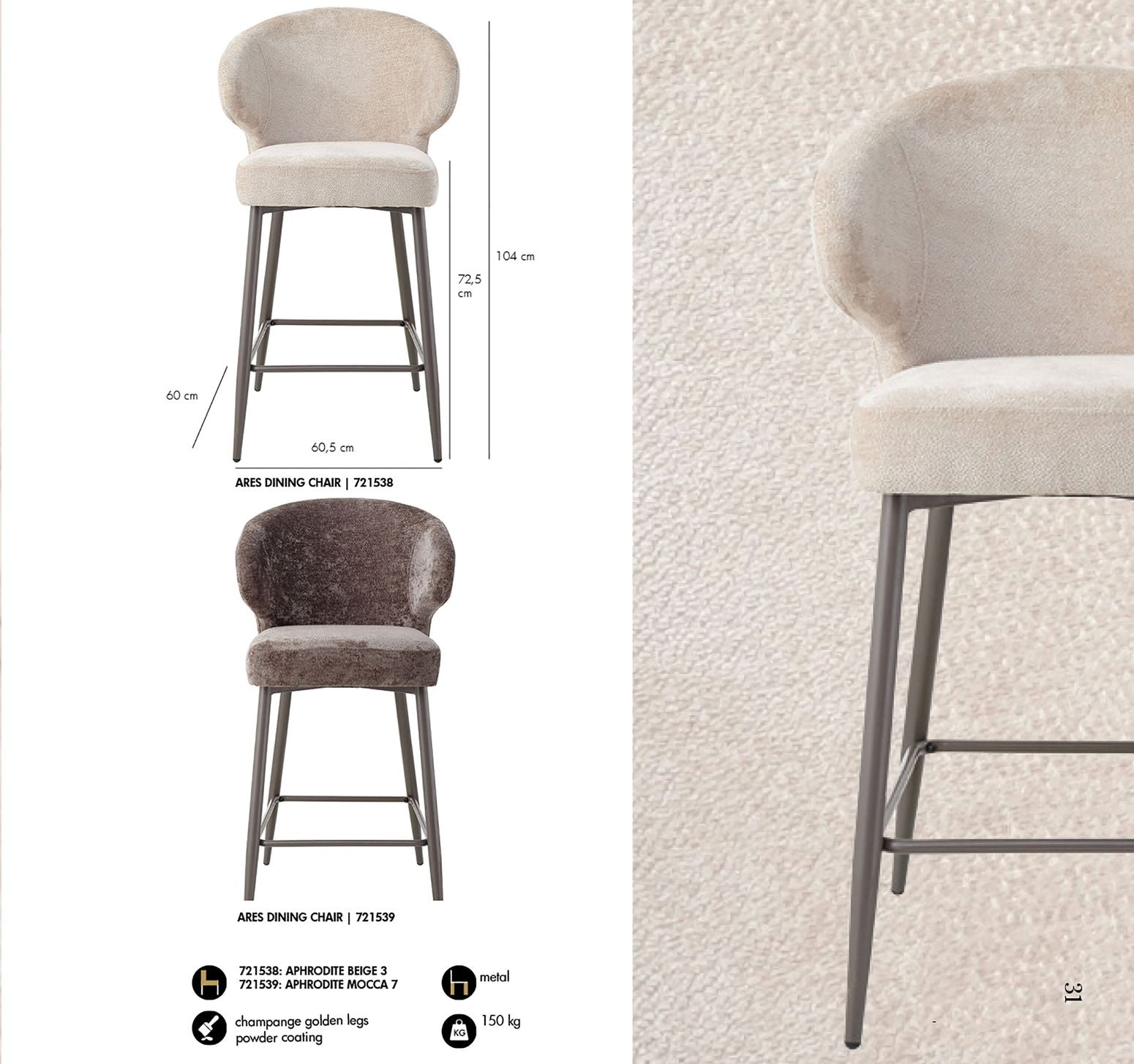 Der Barhocker Ares in Grey mit weicher Polsterung und eleganten moccafarbenen Metallfüßen für zeitlose Bar-Eleganz.