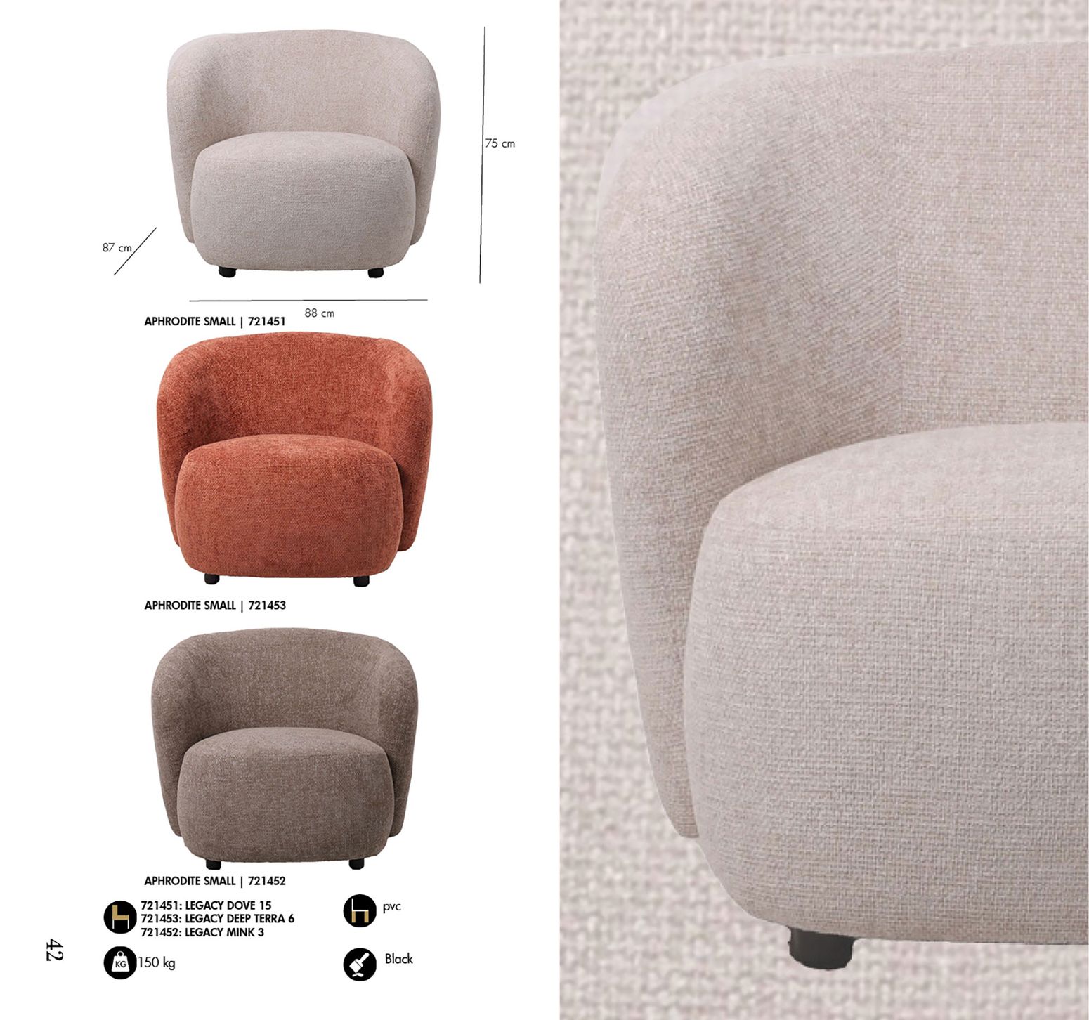 Sessel Aphrodite mit weicher Mink-Stoffpolsterung, bietet ein einladendes und komfortables Sitzerlebnis.