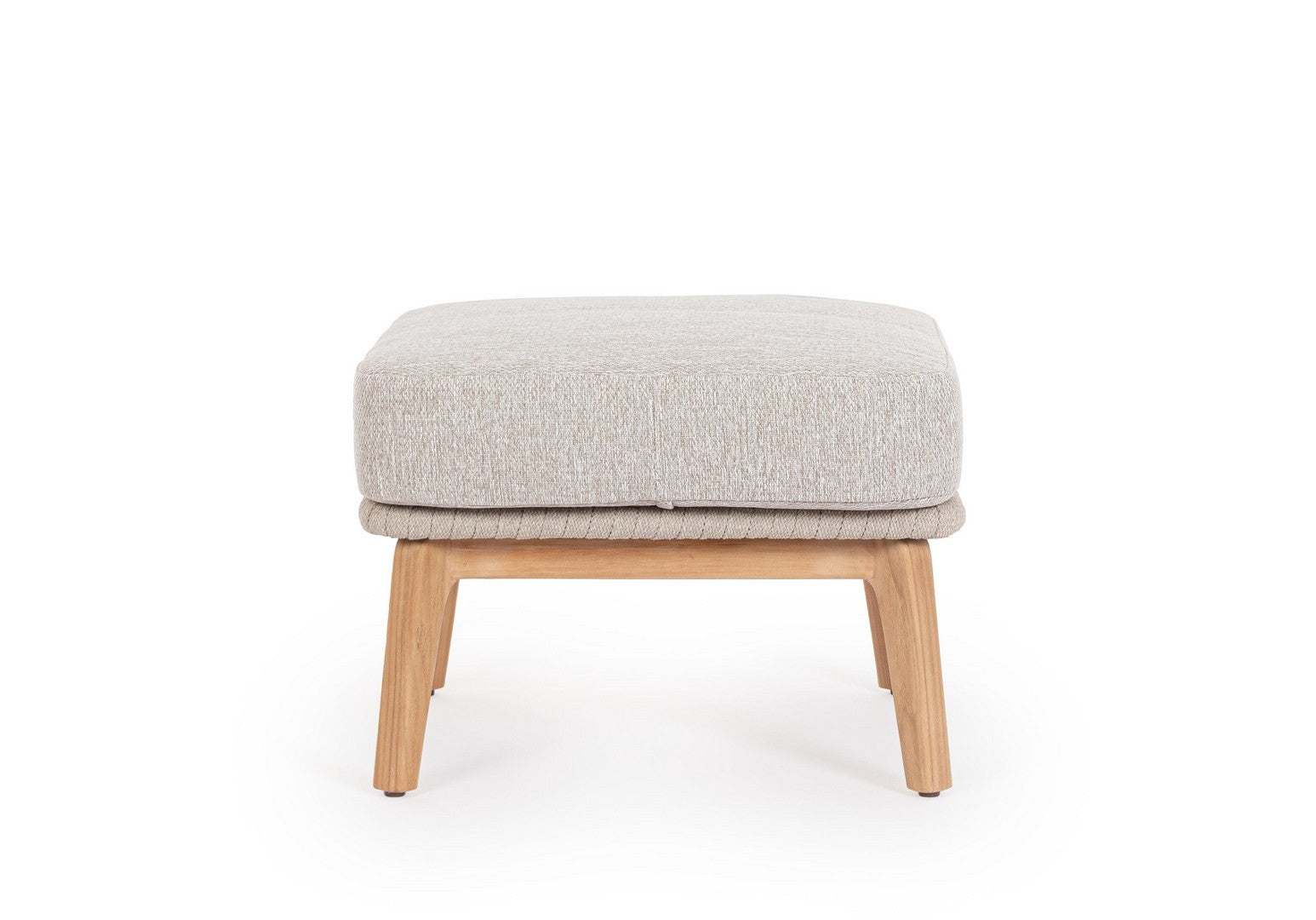 Ottoman Tamires in Beige mit Teakholzbeinen, Seitenansicht.