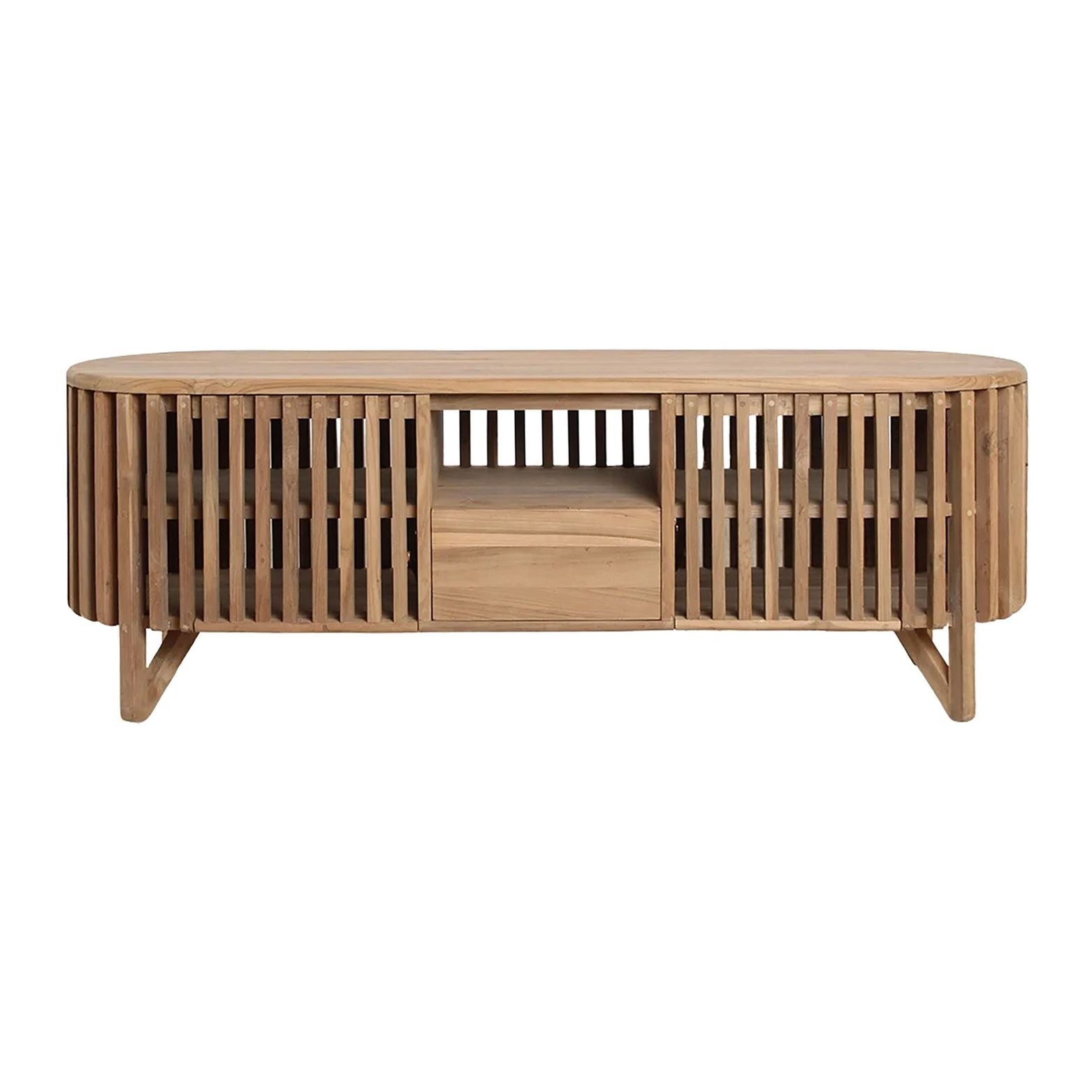 Loovre TV-Konsole aus FSC-zertifiziertem recyceltem Teakholz mit einem offenen Lattendesign und großzügigem Stauraum, Maße 158x45x55 cm.