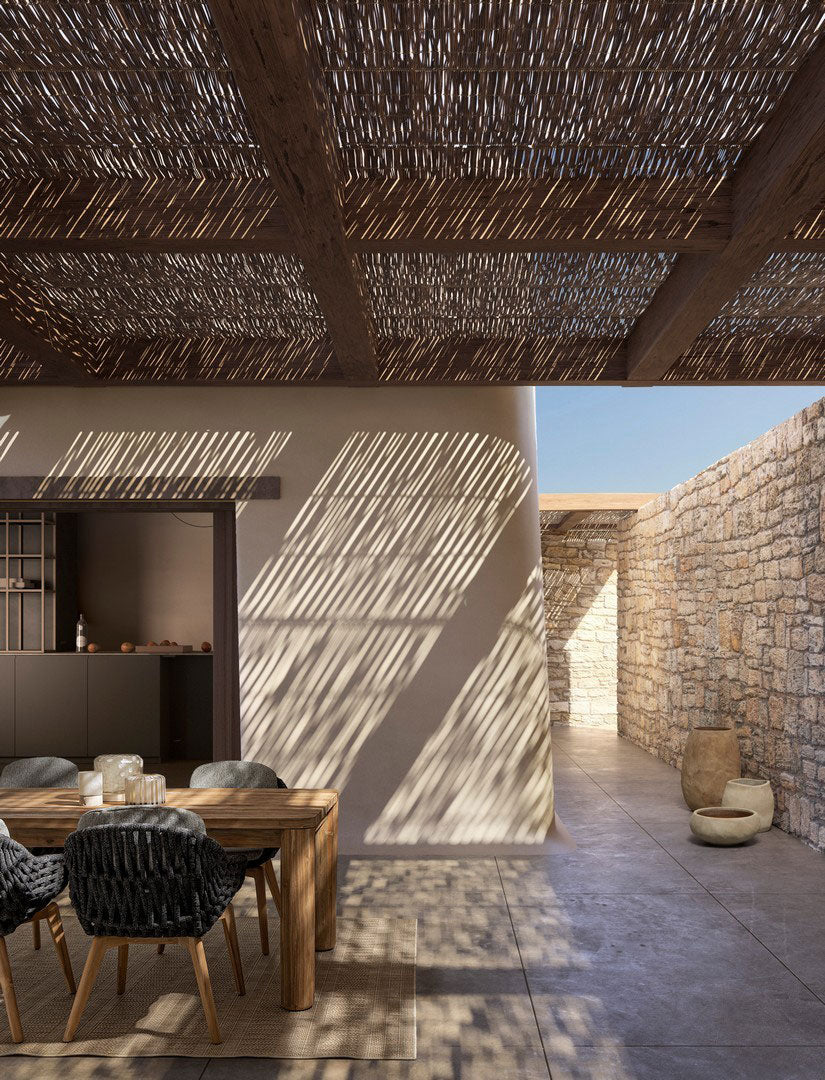 Gruppenbild Tamires Outdoor Stuhl in Anthrazit mit Teakholzbeinen und einem Geflecht aus Polypropylen-Seilen