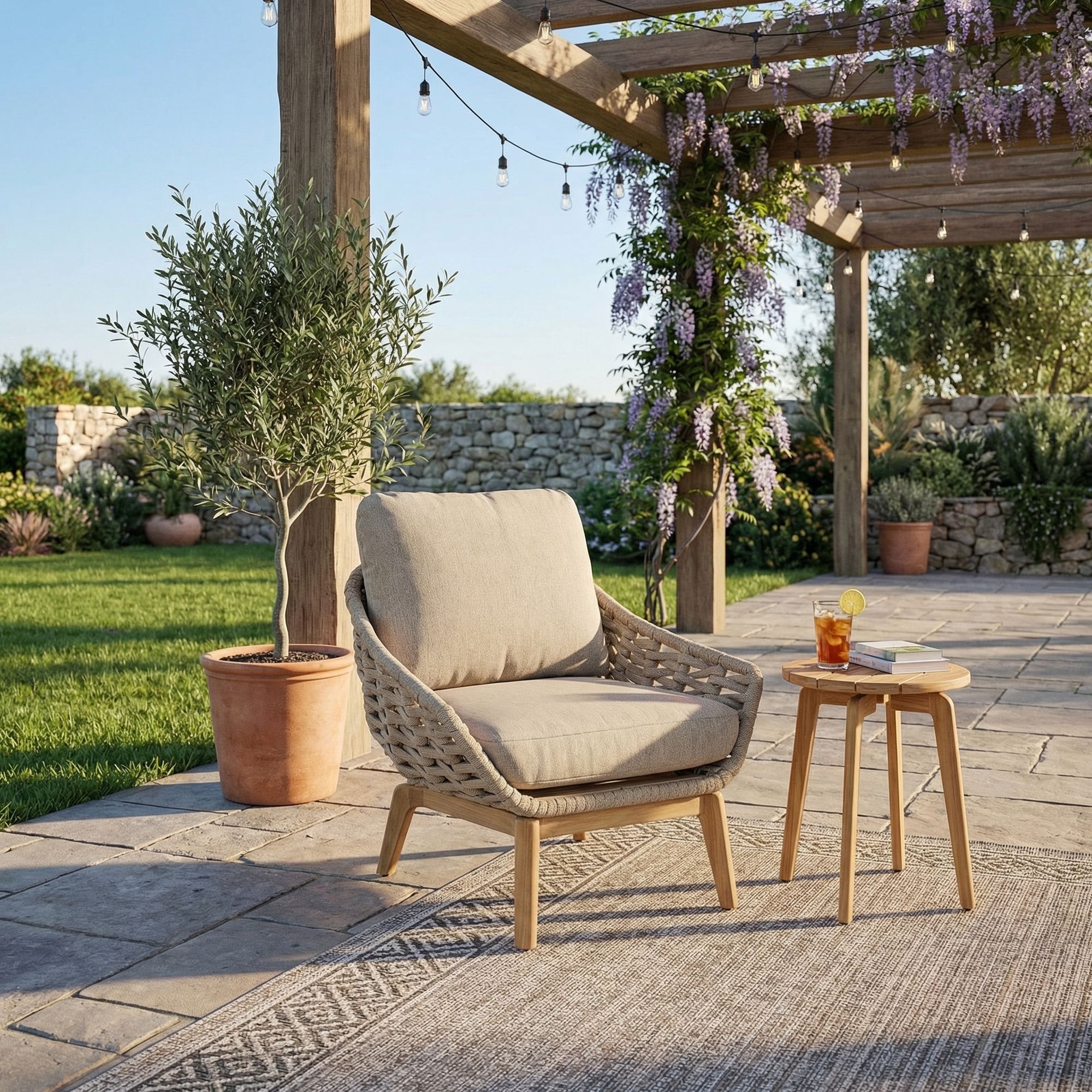 Tamires Luxus Outdoor Sessel in Beige mit nachhaltigem Teakholz und wetterfestem Geflecht, kombiniert Exklusivität mit Komfort | Bizzotto bei STUFF Shop kaufen