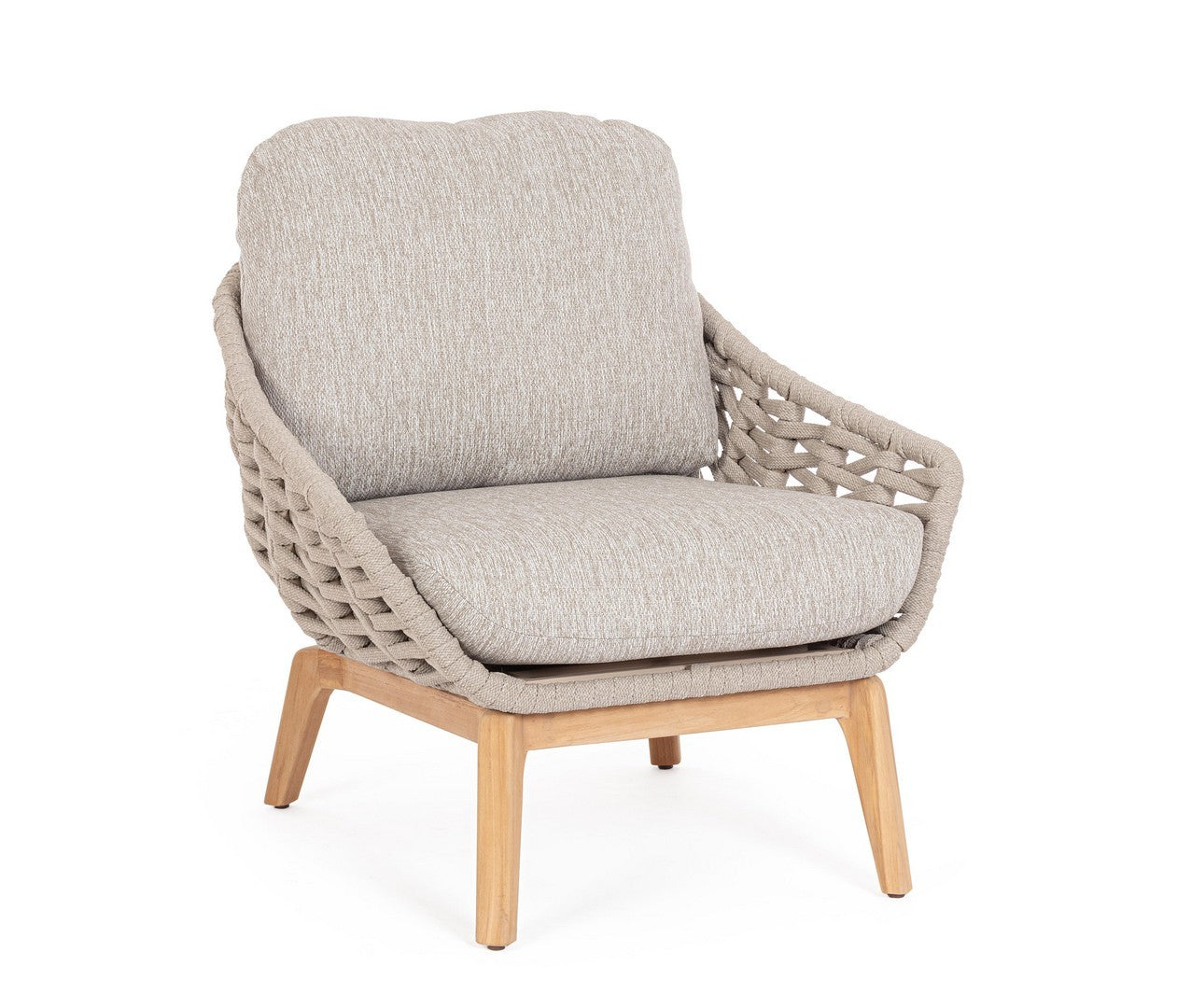 Tamires Luxus Outdoor Sessel in Beige mit nachhaltigem Teakholz und wetterfestem Geflecht, kombiniert Exklusivität mit Komfort.