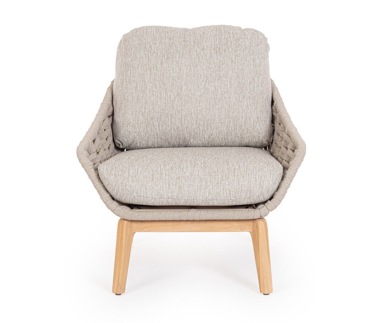 Tamires Luxus Outdoor Sessel in Beige mit nachhaltigem Teakholz und wetterfestem Geflecht, kombiniert Exklusivität mit Komfort.