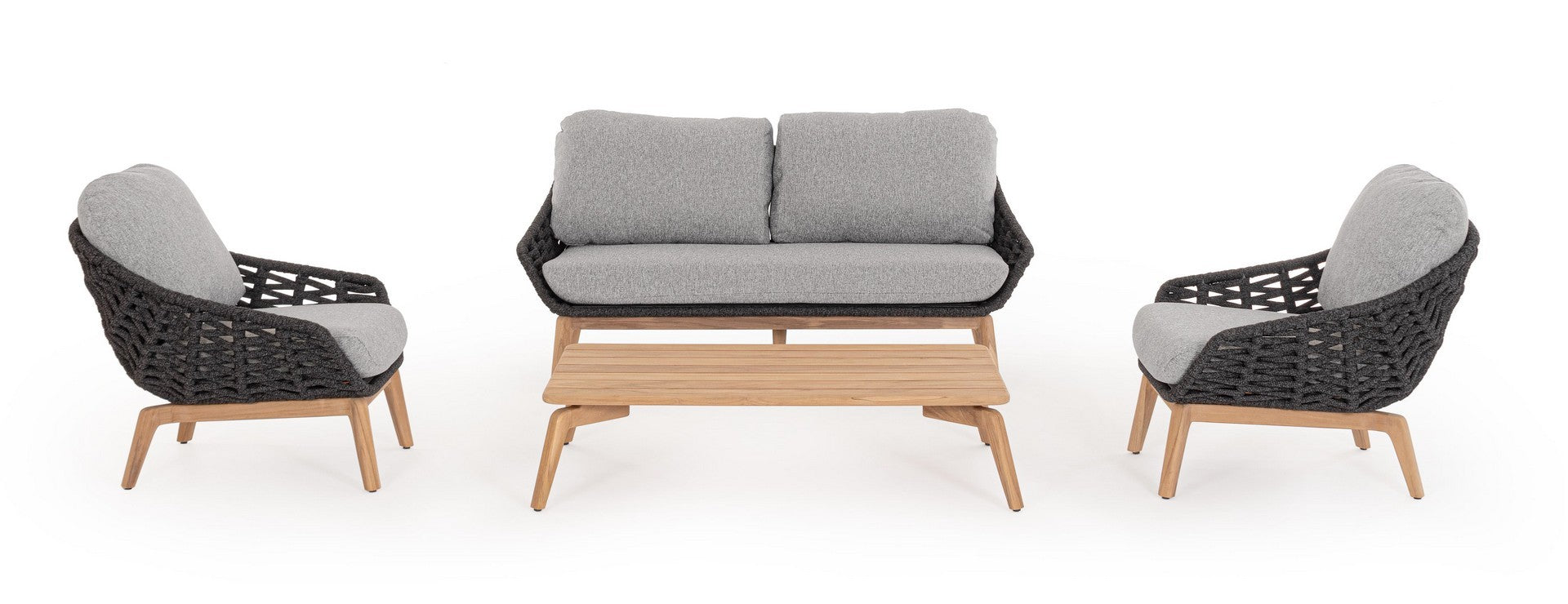 Tamires Luxus Outdoor Sessel in Anthrazit mit nachhaltigem Teakholz und wetterfestem Geflecht, kombiniert Exklusivität mit Komfort.