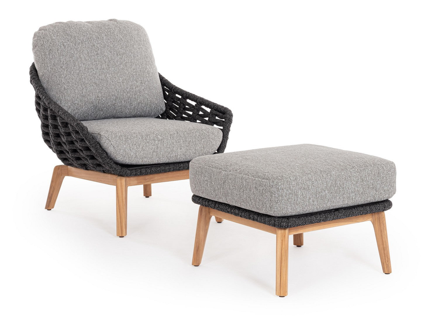 Tamires Luxus Outdoor Sessel in Anthrazit mit nachhaltigem Teakholz und wetterfestem Geflecht, kombiniert Exklusivität mit Komfort.