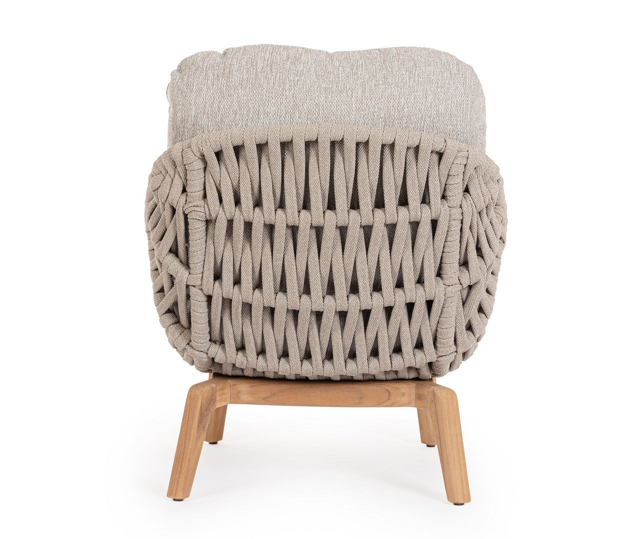 Tamires Luxus Outdoor Sessel in Beige mit nachhaltigem Teakholz und wetterfestem Geflecht, kombiniert Exklusivität mit Komfort.