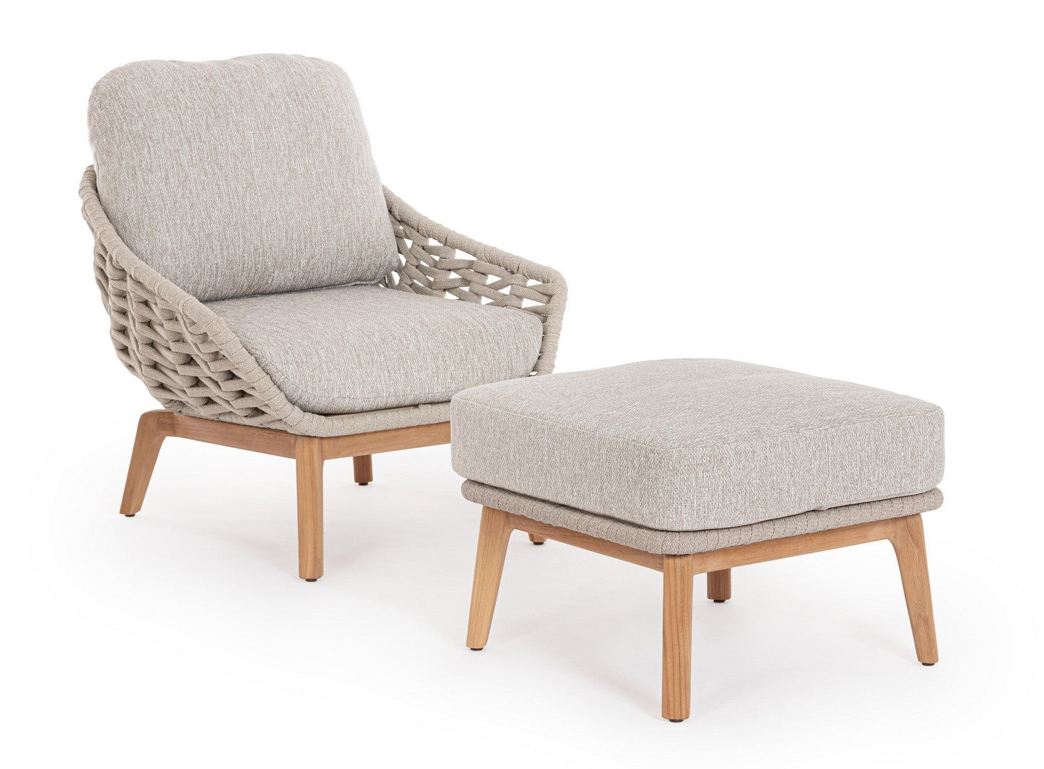Tamires Luxus Outdoor Sessel in Beige mit nachhaltigem Teakholz und wetterfestem Geflecht, kombiniert Exklusivität mit Komfort.