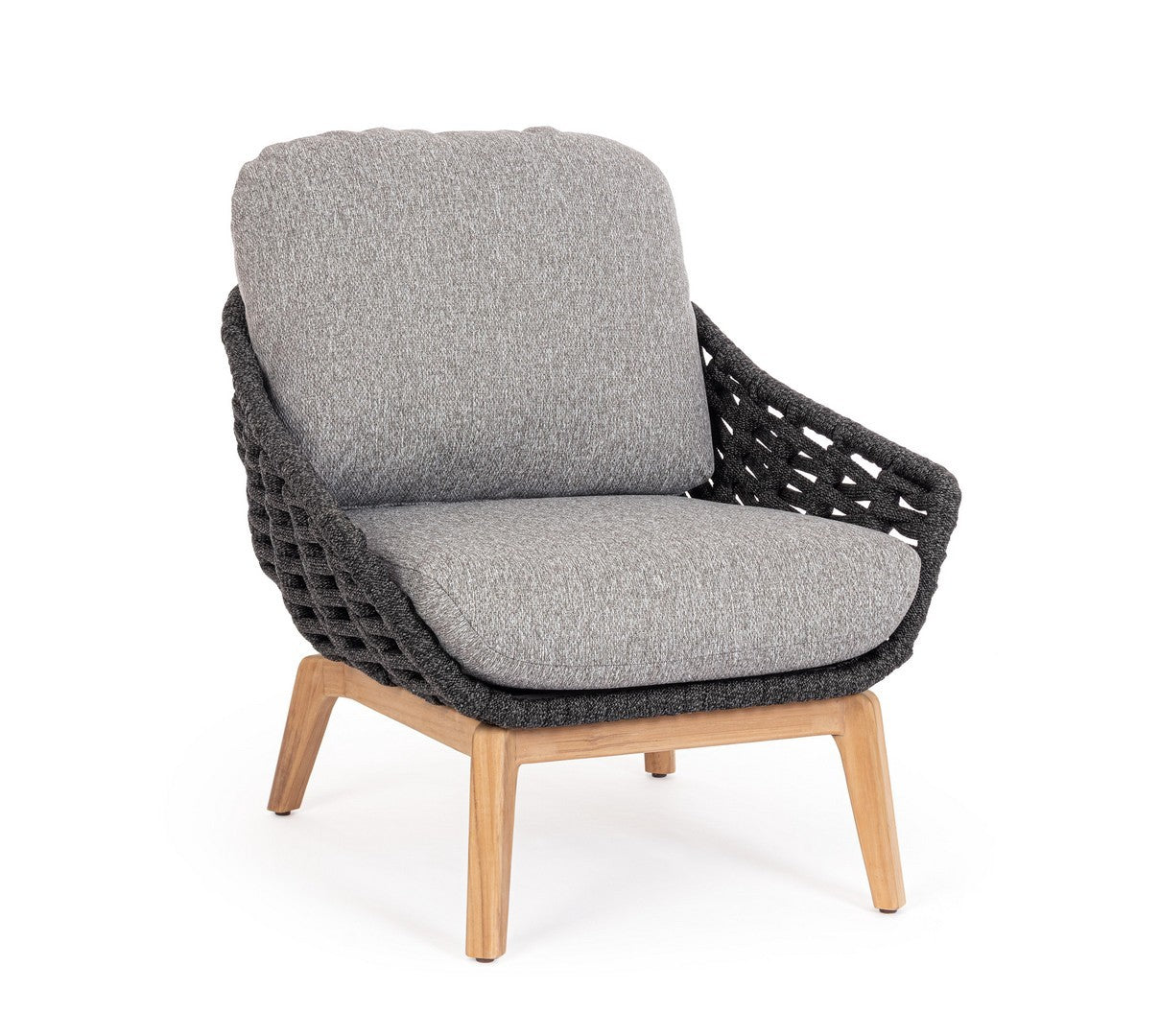 Tamires Luxus Outdoor Sessel in Anthrazit mit nachhaltigem Teakholz und wetterfestem Geflecht, kombiniert Exklusivität mit Komfort.