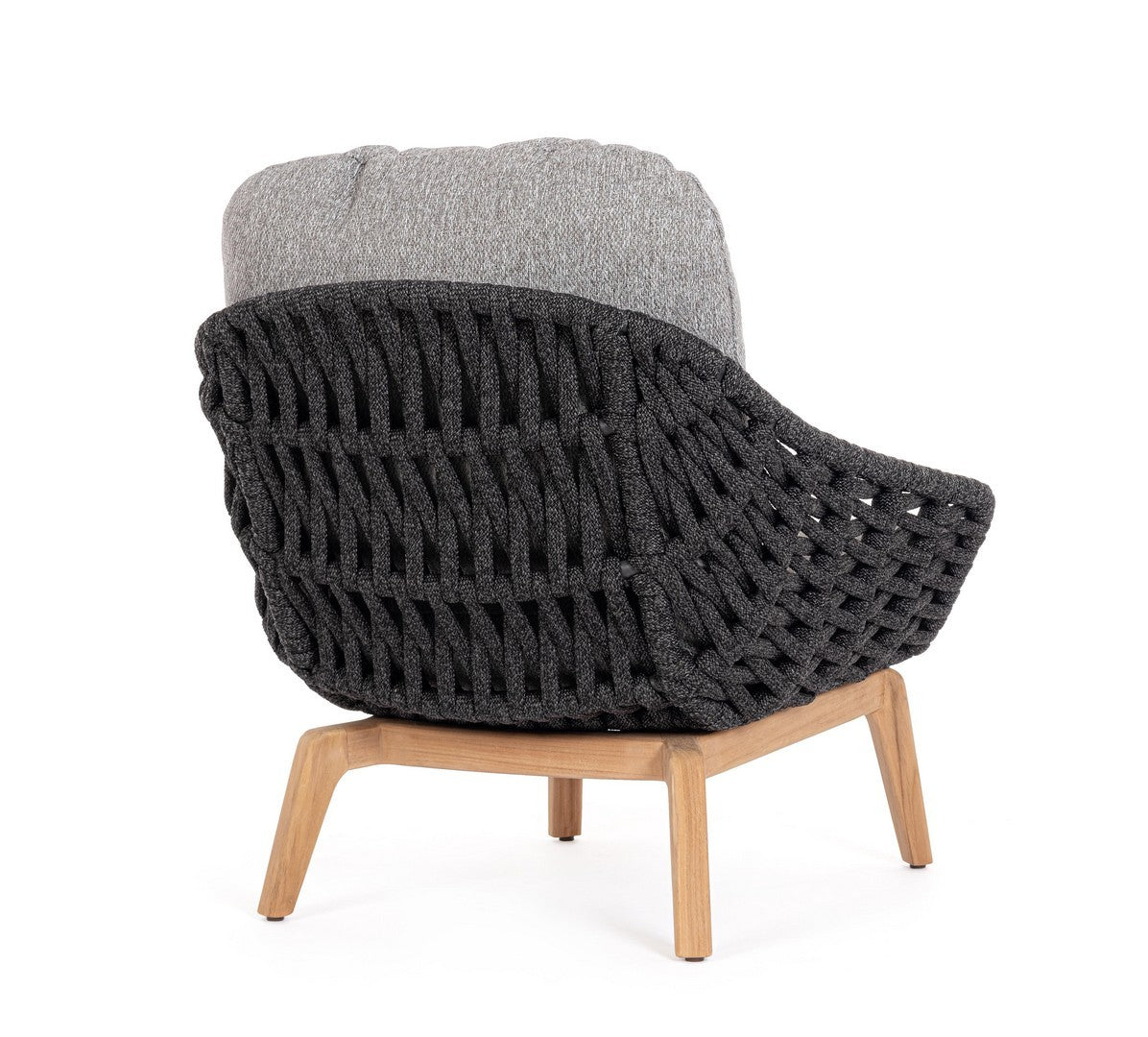 Tamires Luxus Outdoor Sessel in Anthrazit mit nachhaltigem Teakholz und wetterfestem Geflecht, kombiniert Exklusivität mit Komfort.