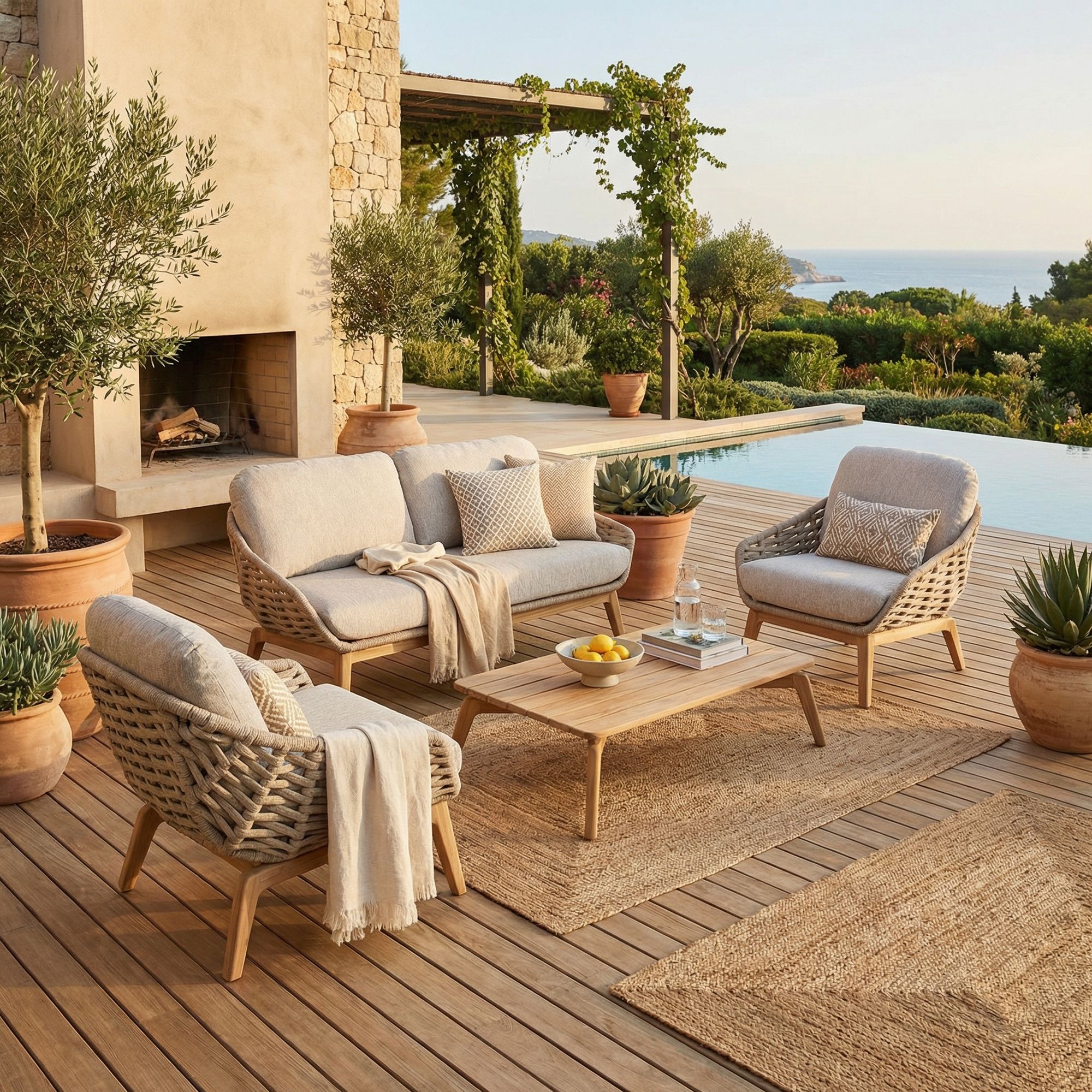 Imagebild des Sofa Tamires in Beige mit Teakholzbeinen und Seilgeflecht | Bizzotto bei STUFF Shop kaufen