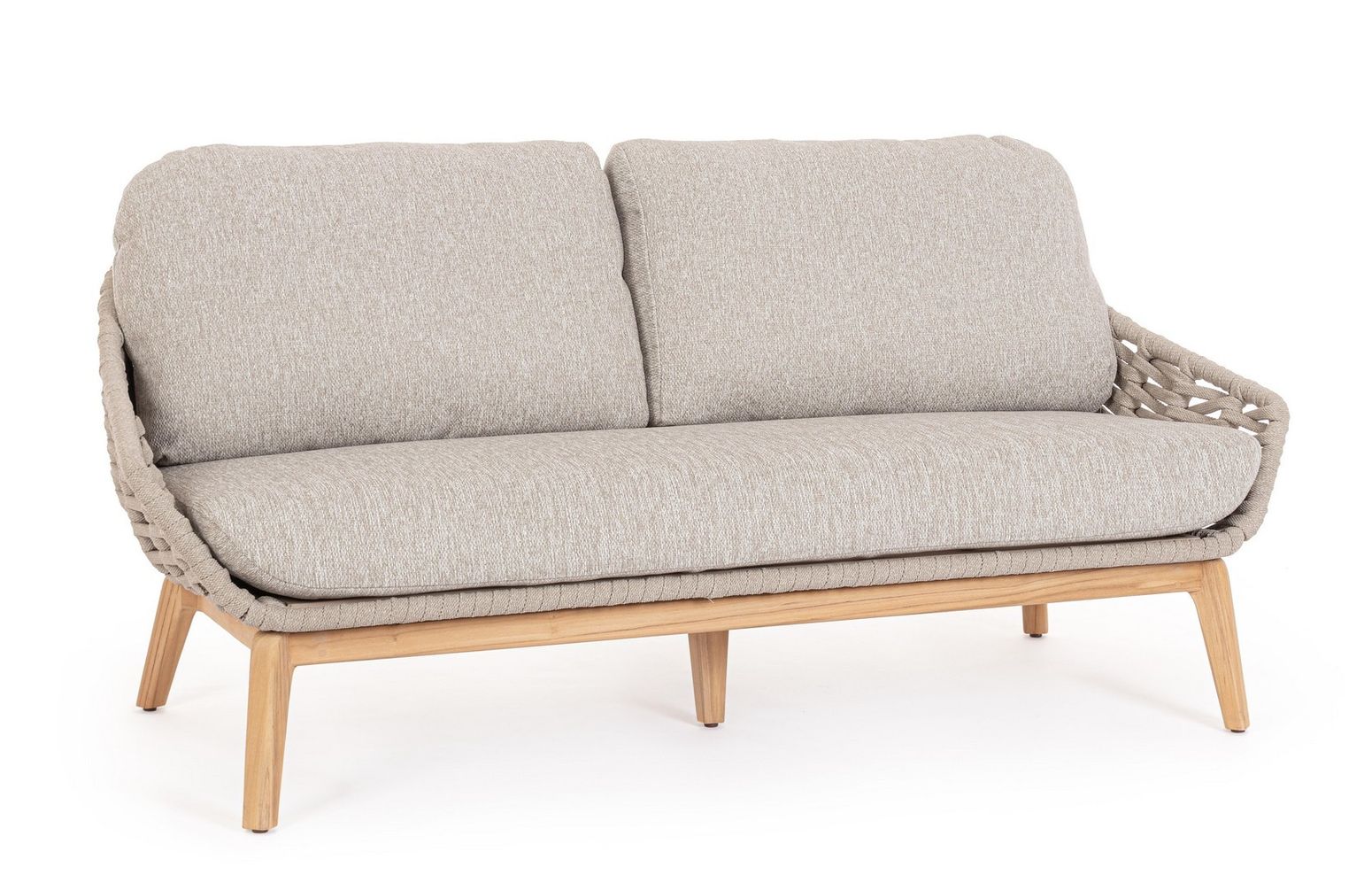 Vorderansicht des Sofa Tamires in Beige mit Teakholzbeinen und Seilgeflecht.