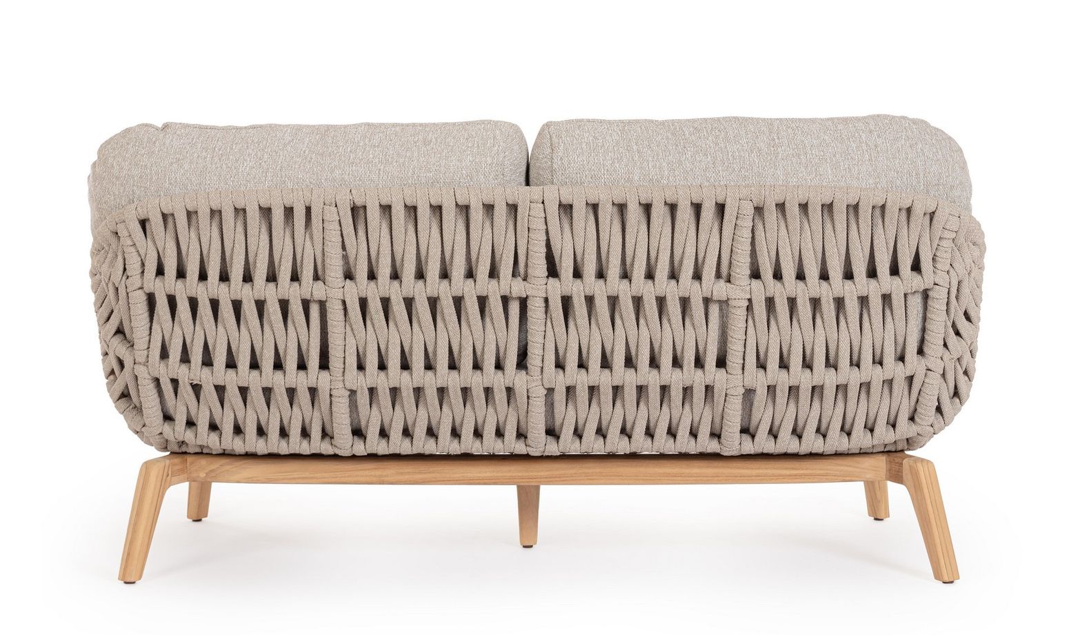 Rückansicht des Outdoor-Sofa Tamires mit detailreichem Seilgeflecht in Beige.