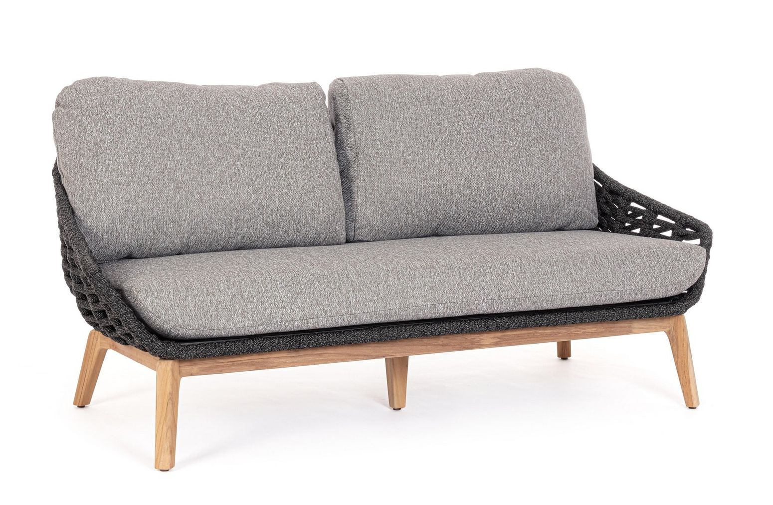 Vorderansicht des Sofa Tamires in Anthrazit mit Teakholzbeinen und Seilgeflecht.