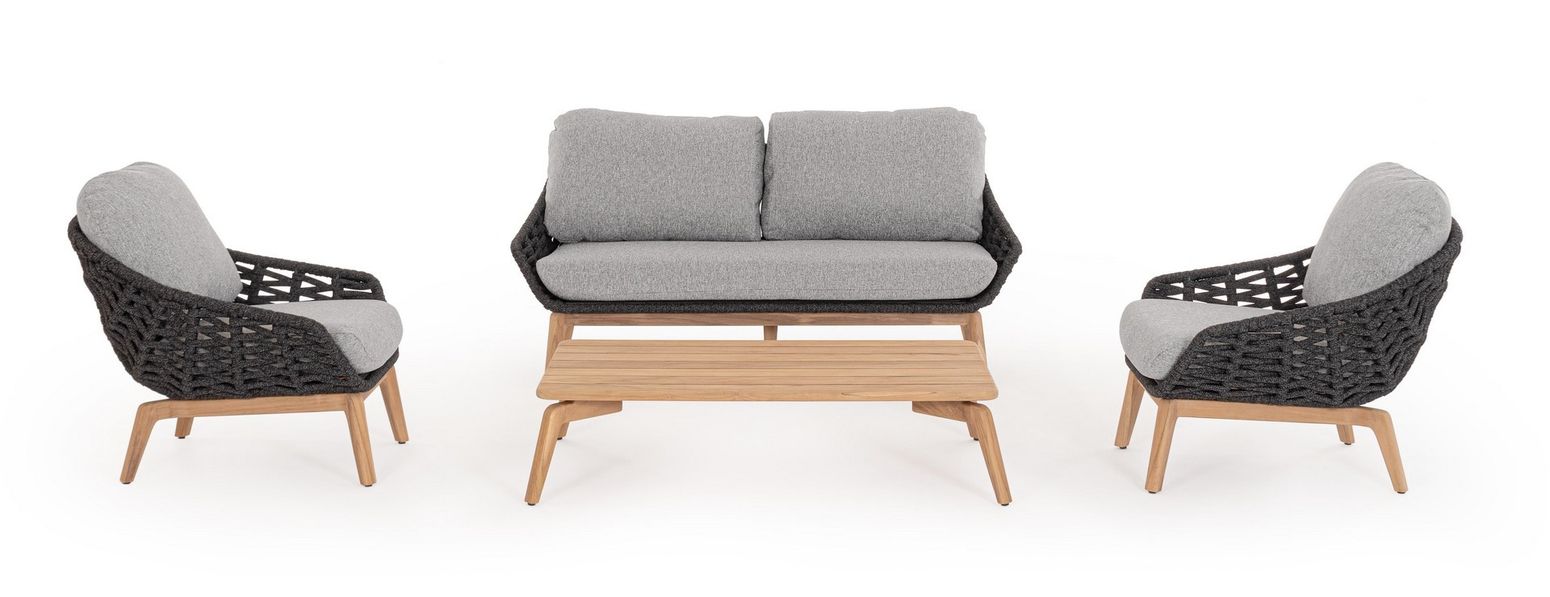 Komplettansicht der Serie Tamires in Anthrazit mit Sofa, Sesseln und Tisch in harmonischem Design.