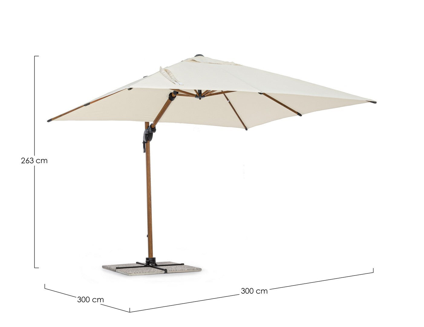 Ampelschirm Orion von unten betrachtet, zeigt die solide Verstrebung und Mechanik - Maße