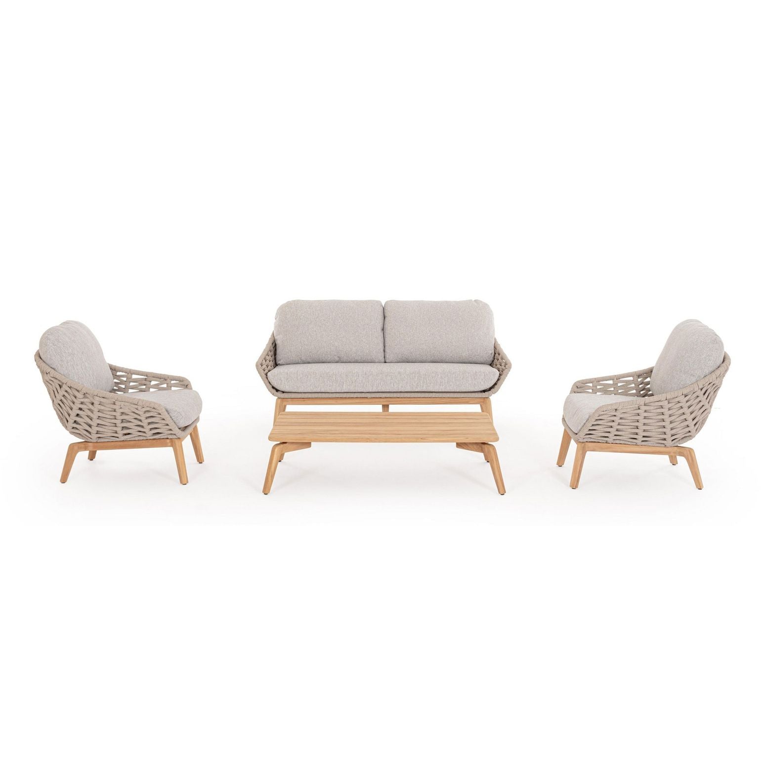 Couchtisch Tamires Outdoor kombiniert mit modernen Outdoor-Sesseln in hellem Grau.