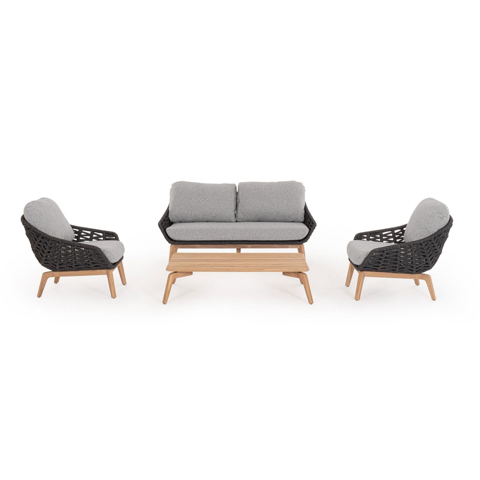 Couchtisch Tamires Outdoor kombiniert mit modernen Outdoor-Sesseln in dunklem Grau.