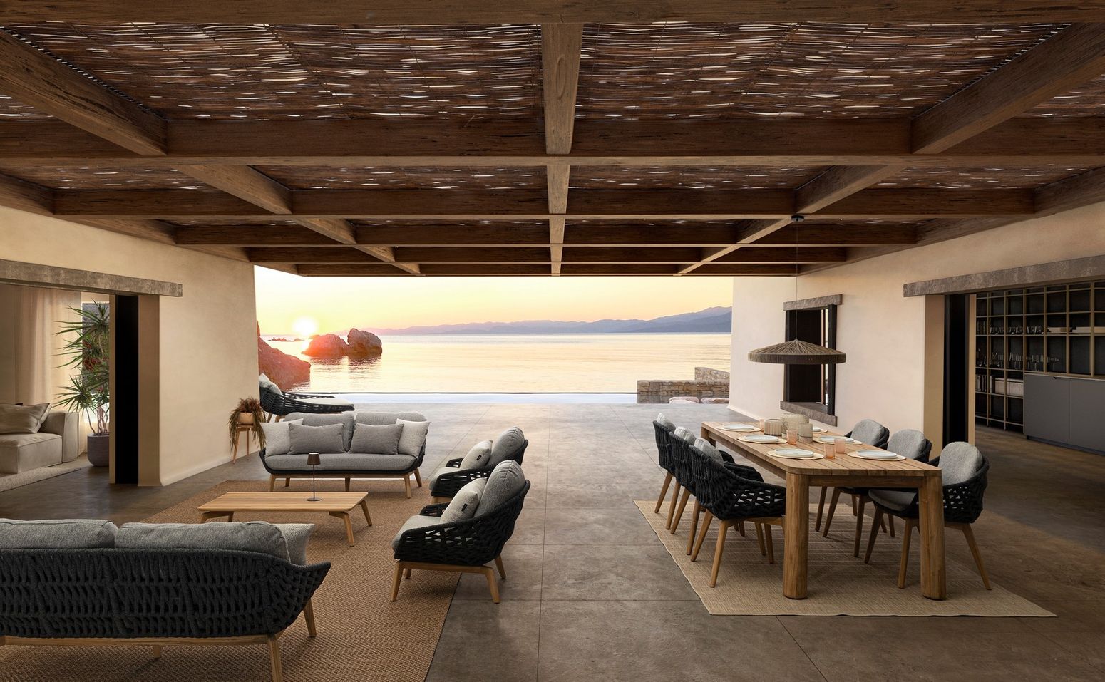 Couchtisch Tamires Outdoor kombiniert mit modernen Outdoor-Sesseln