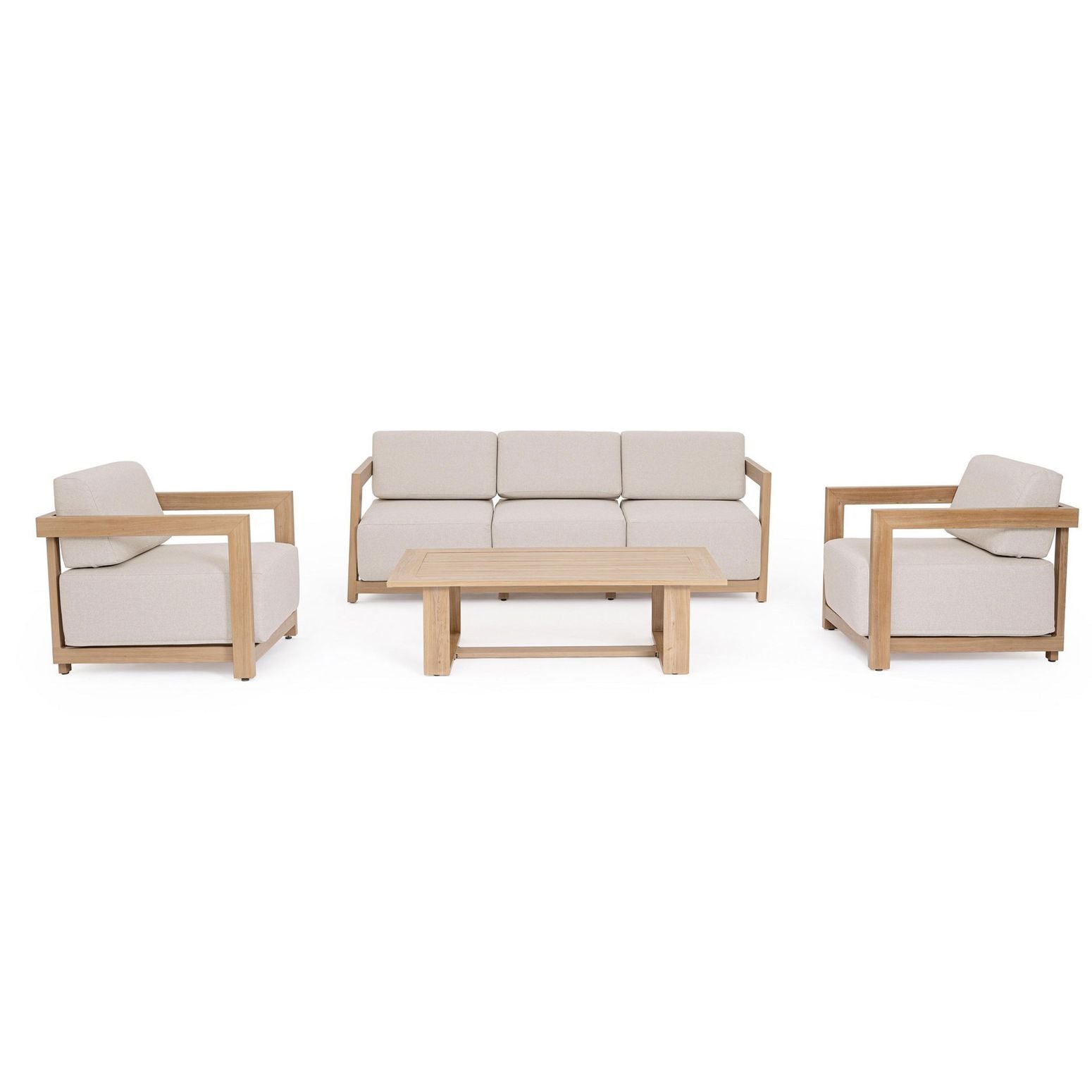 Frontansicht des Lounge Set 4T Theseus Natur mit Kissen und Tisch.