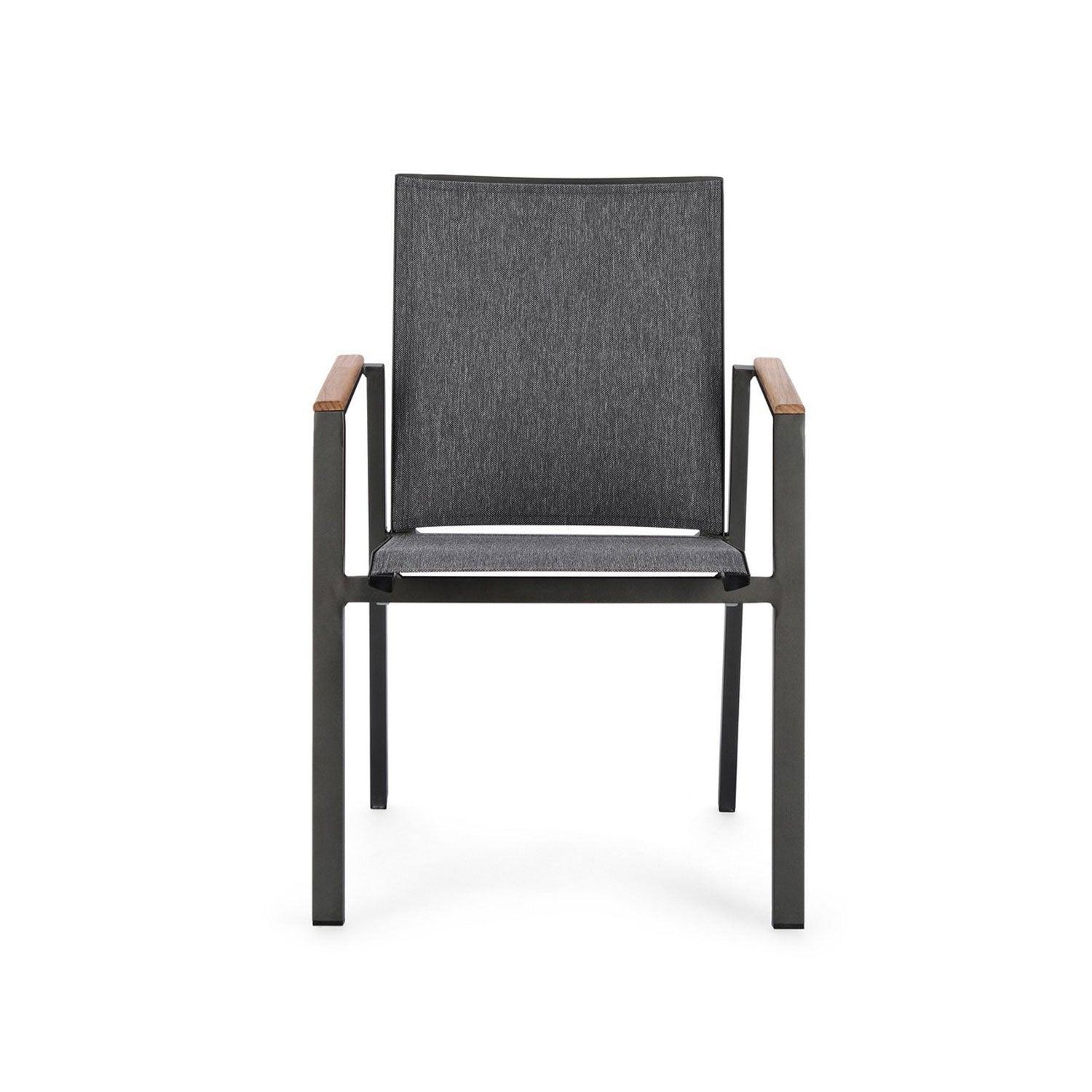 Moderner Outdoor Stuhl Cameron in Schwarz mit Teakholz-Armlehnen und Textilene-Bezug.