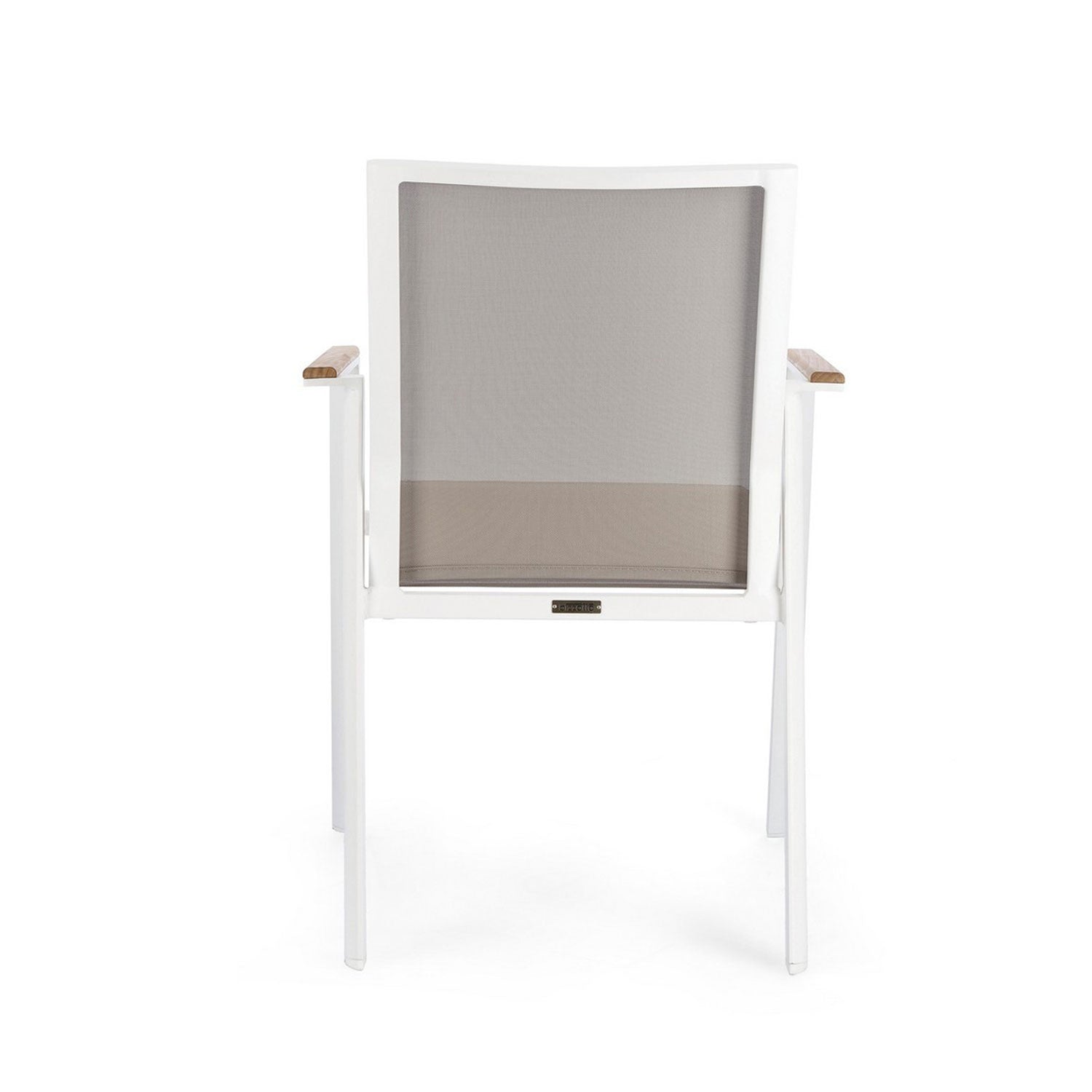 Moderner Outdoor Stuhl Cameron in Weiß mit Teakholz-Armlehnen und Textilene-Bezug.