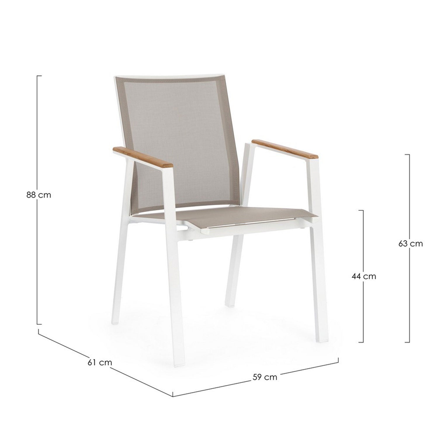 Moderner Outdoor Stuhl Cameron in Weiß mit Teakholz-Armlehnen und Textilene-Bezug.