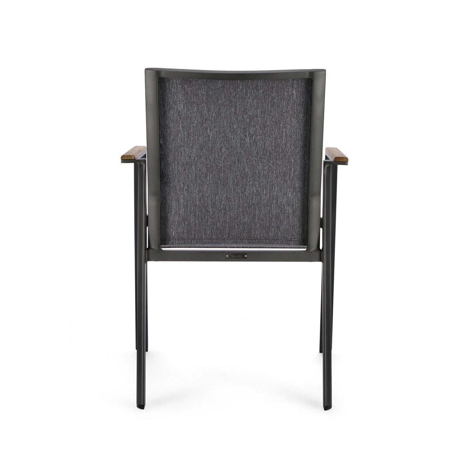 Moderner Outdoor Stuhl Cameron in Schwarz mit Teakholz-Armlehnen und Textilene-Bezug.