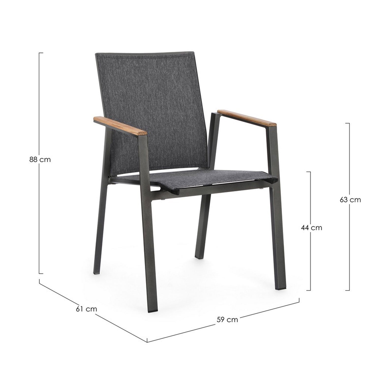 Moderner Outdoor Stuhl Cameron in Schwarz mit Teakholz-Armlehnen und Textilene-Bezug.