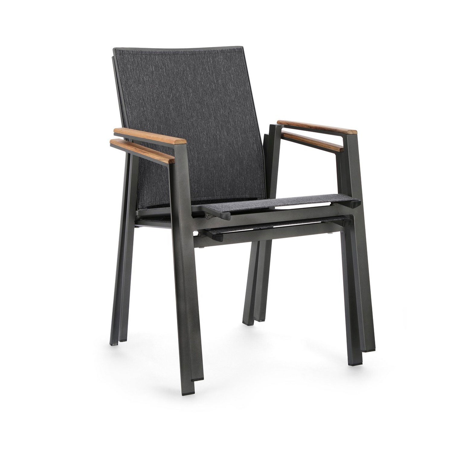 Moderner Outdoor Stuhl Cameron in Schwarz mit Teakholz-Armlehnen und Textilene-Bezug.