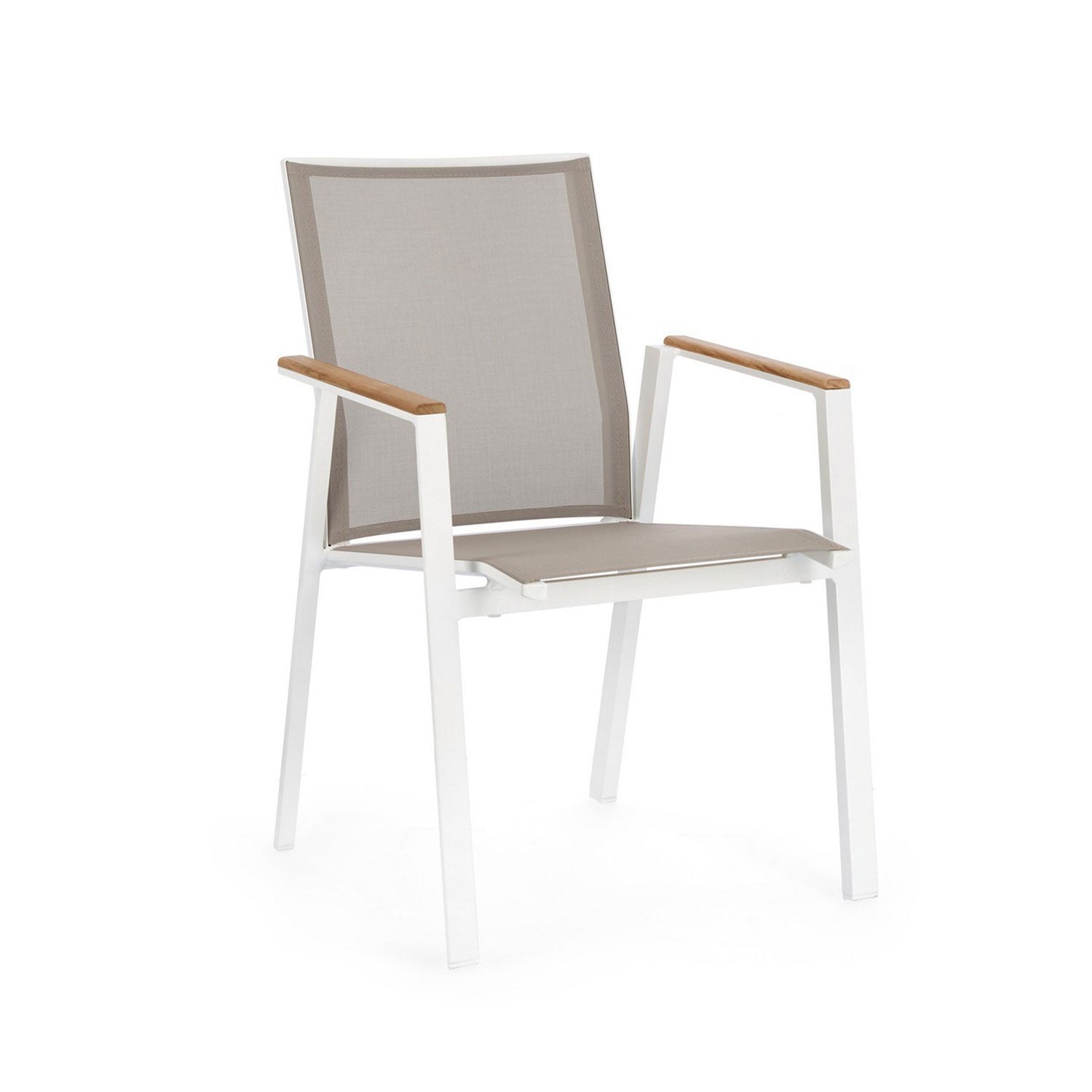 Moderner Outdoor Stuhl Cameron in Weiß mit Teakholz-Armlehnen und Textilene-Bezug.