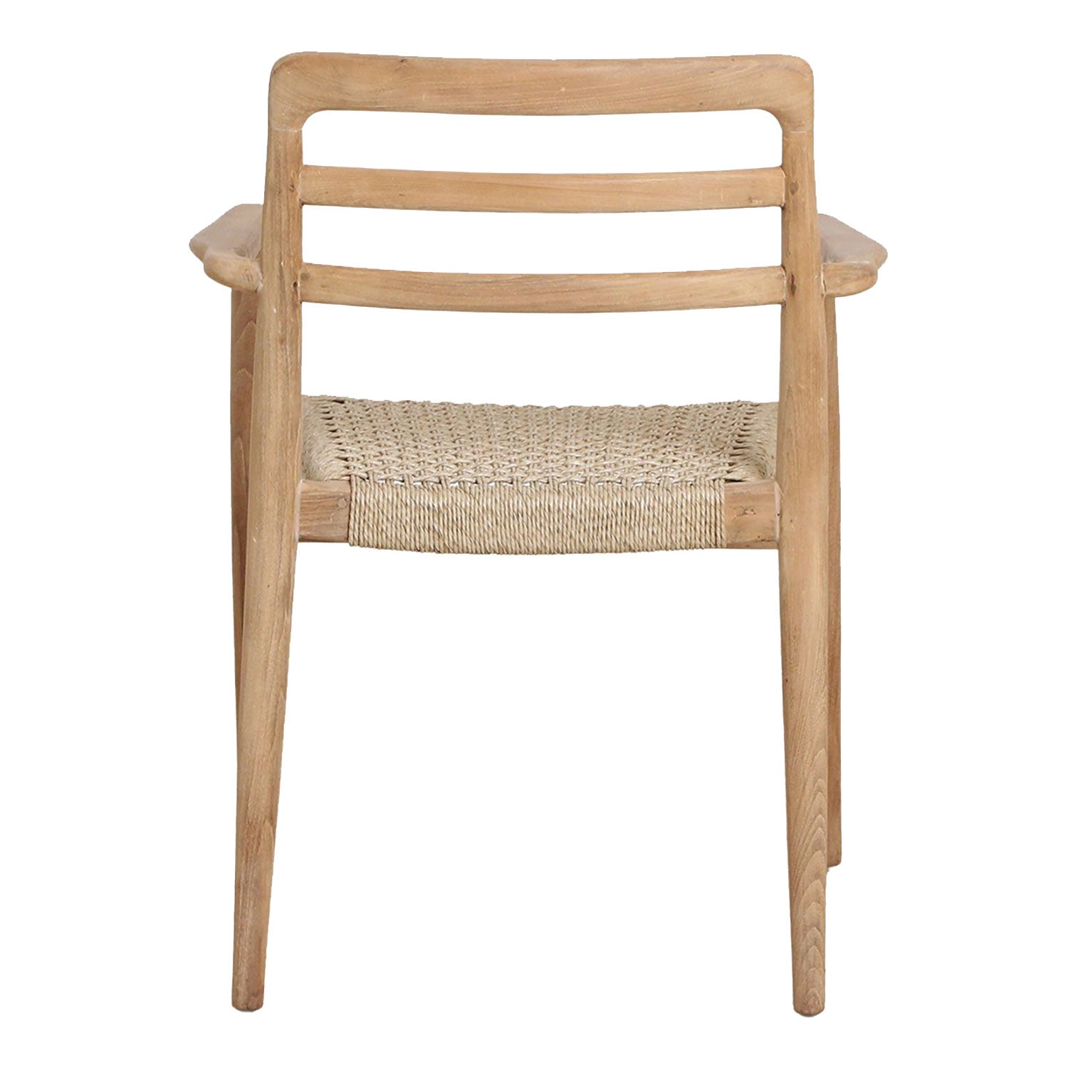 Rückansicht des Outdoor-Stuhl Armlehne Teakscape, akzentuiert die einzigartige Patina über die Zeit