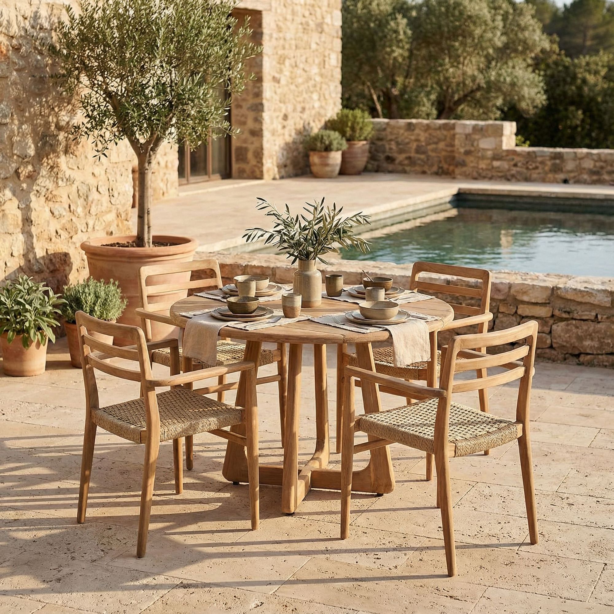 Gesamtansicht des runden Outdoor Tisches Teakscape mit natürlichem Finish | STUFF Shop