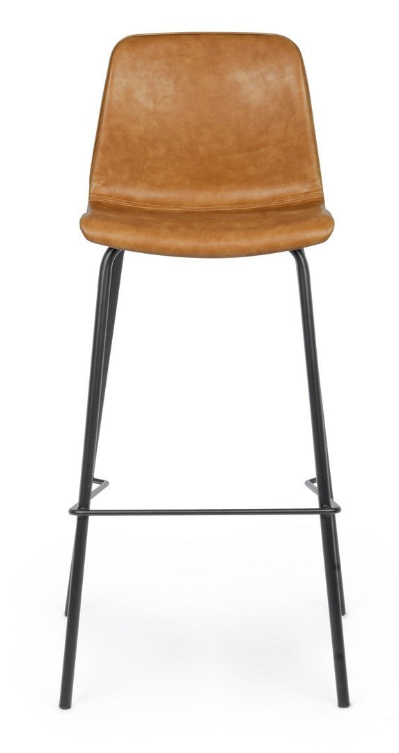 Barhocker Kyra Vorderansicht mit brauner PU-Ledersitzfläche und Metallgestell.