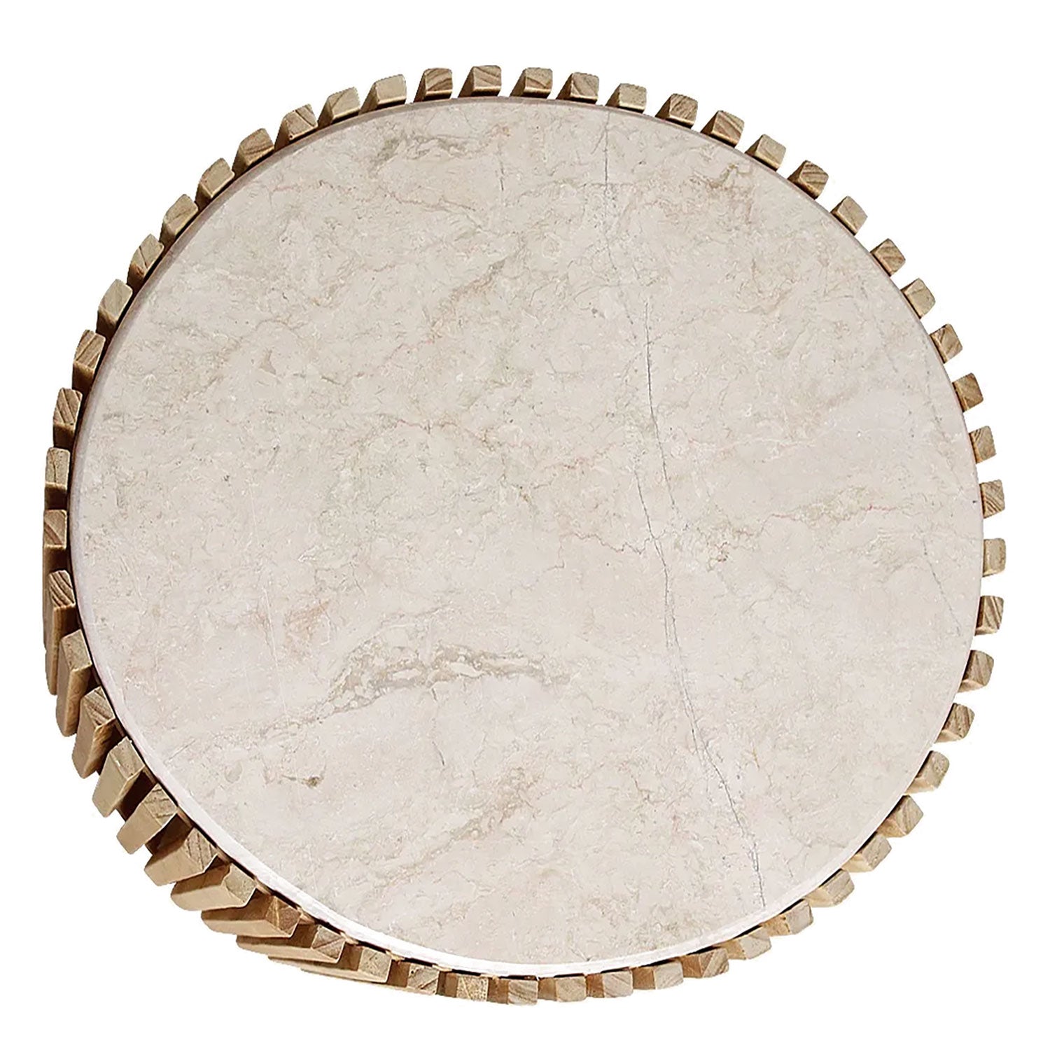 Infinity Beistelltisch Harmony mit natürlicher Marmorplatte und offenem Sungkai-Holzgestell.