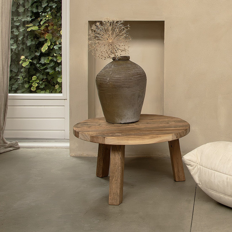 Runder Couchtisch aus recyceltem Holz, 70 x 70 x 38 cm, rustikaler natürlicher Look