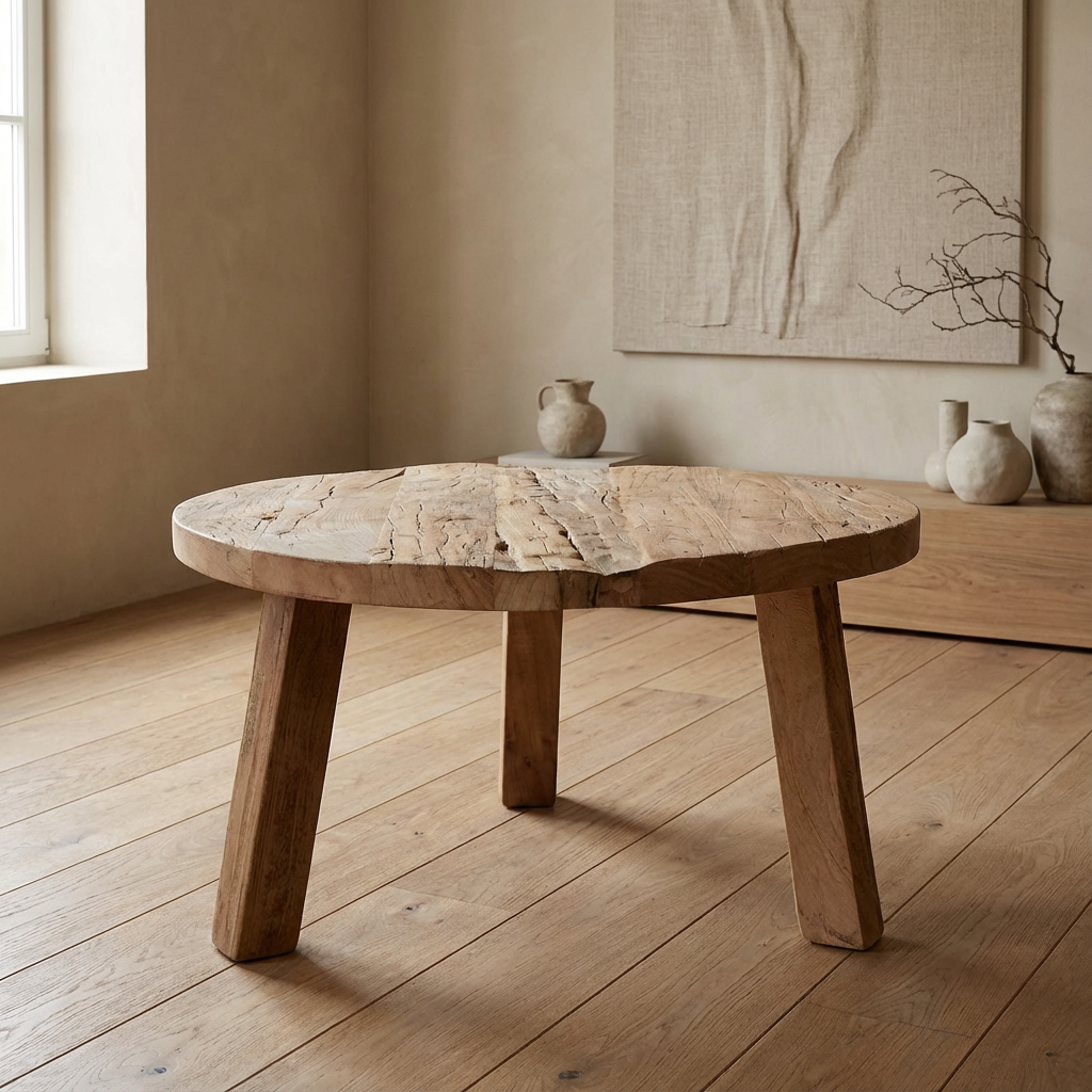 Runder Couchtisch aus recyceltem Holz, 70 x 70 x 38 cm, rustikaler natürlicher Look, 22 kg