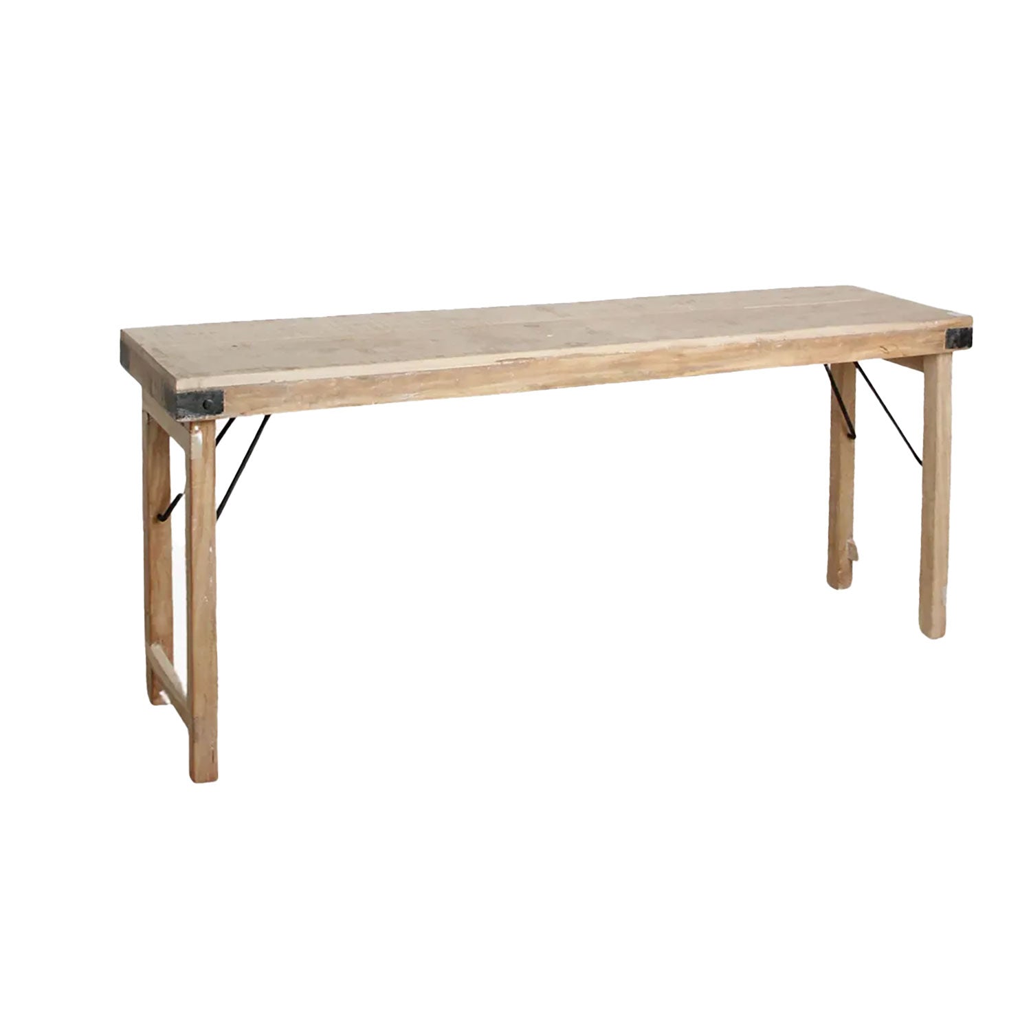 Klappbarer Konsolentisch aus recyceltem Altholz mit Limewash-Finish – rustikale und platzsparende Lösung für Veranstaltungen und Wohnräume.