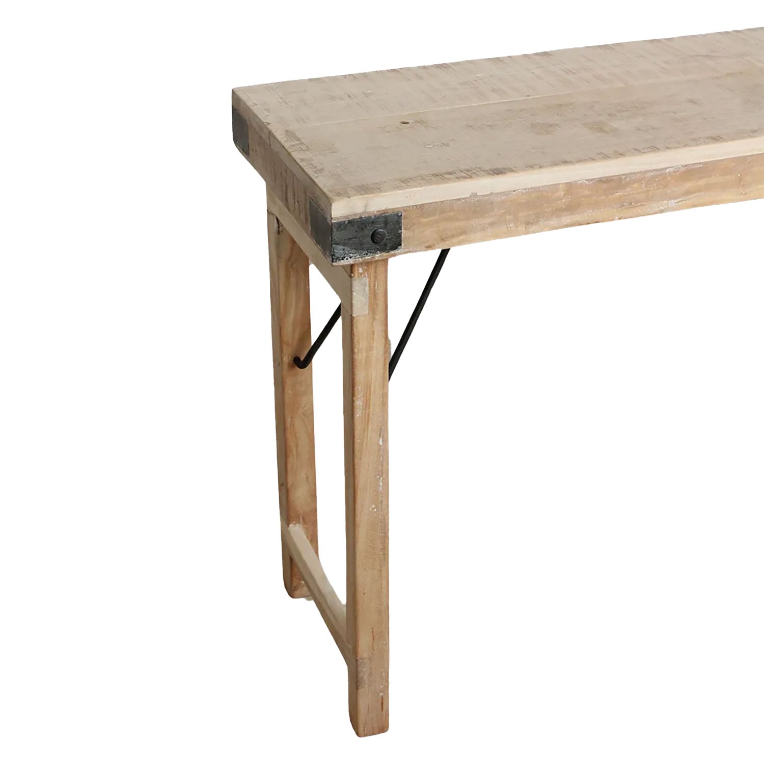 Klappbarer Konsolentisch aus recyceltem Altholz mit Limewash-Finish – rustikale und platzsparende Lösung für Veranstaltungen und Wohnräume.