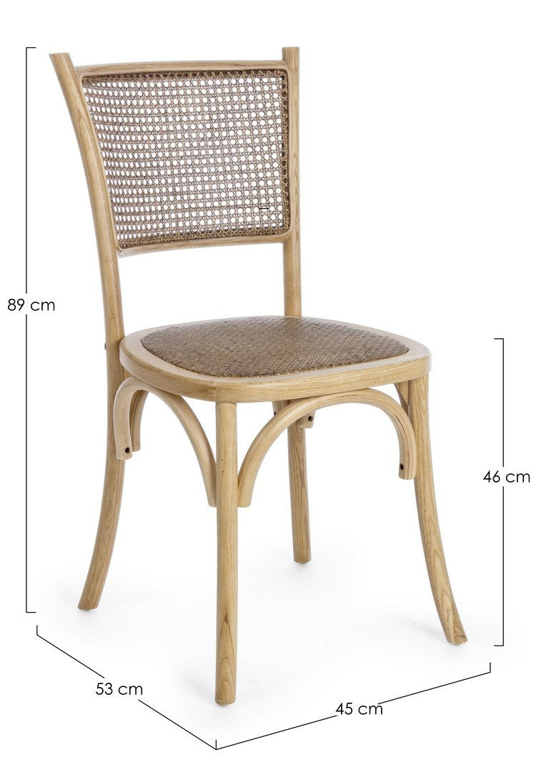 Stuhl Carrel aus Ulmenholz mit Rattan-Sitzfläche und Rückenlehne, erhältlich in Schwarz, Weiß und Natur.