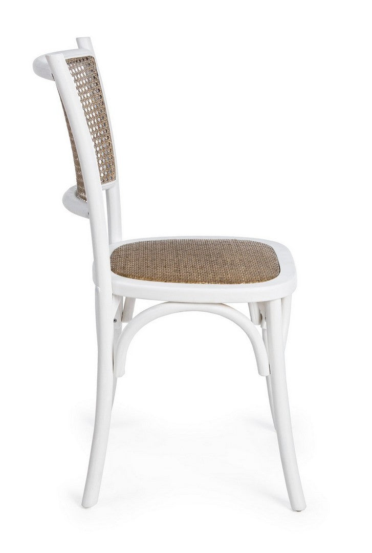 Stuhl Carrel aus Ulmenholz mit Rattan-Sitzfläche und Rückenlehne, erhältlich in Schwarz, Weiß und Natur.