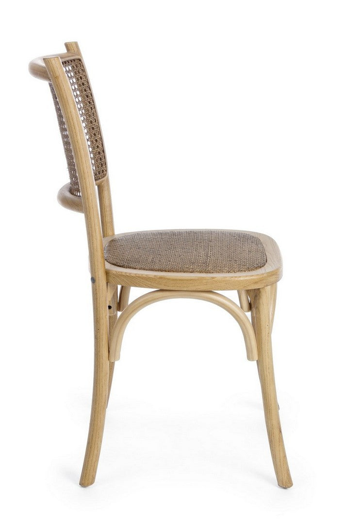 Stuhl Carrel aus Ulmenholz mit Rattan-Sitzfläche und Rückenlehne, erhältlich in Schwarz, Weiß und Natur.
