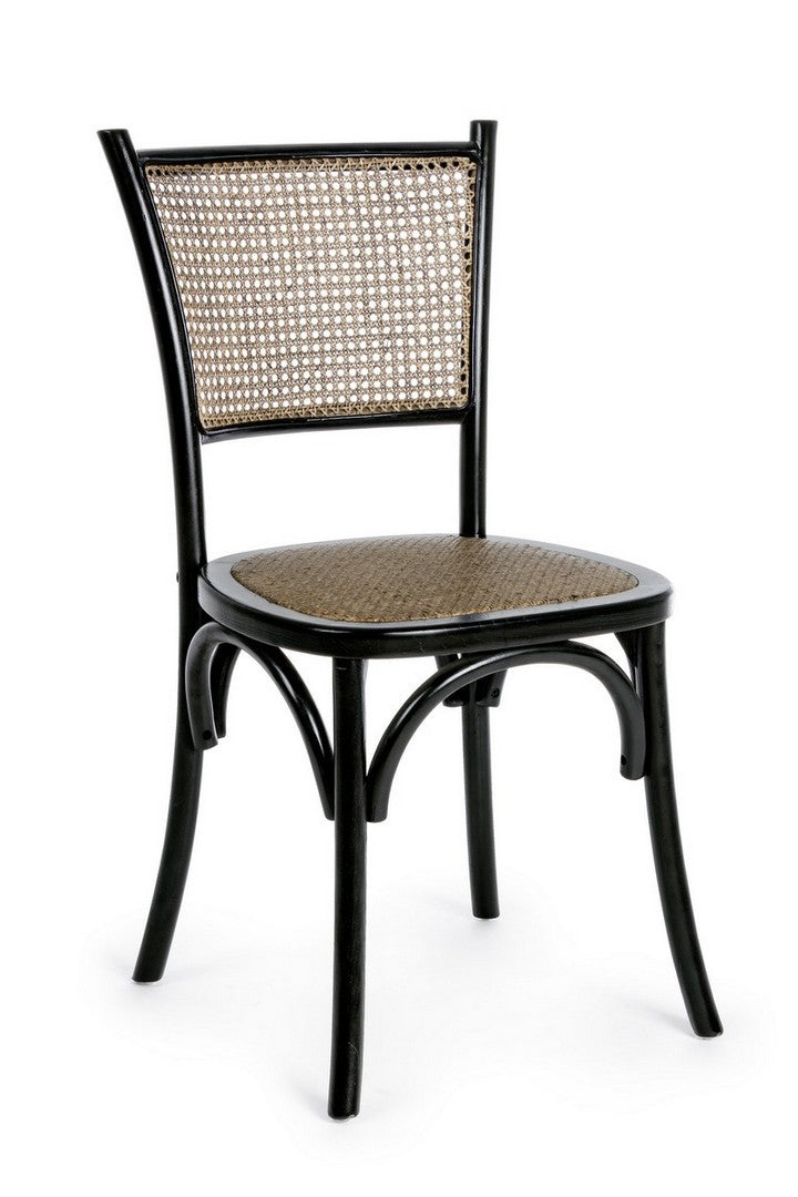 Stuhl Carrel aus Ulmenholz mit Rattan-Sitzfläche und Rückenlehne, erhältlich in Schwarz, Weiß und Natur.