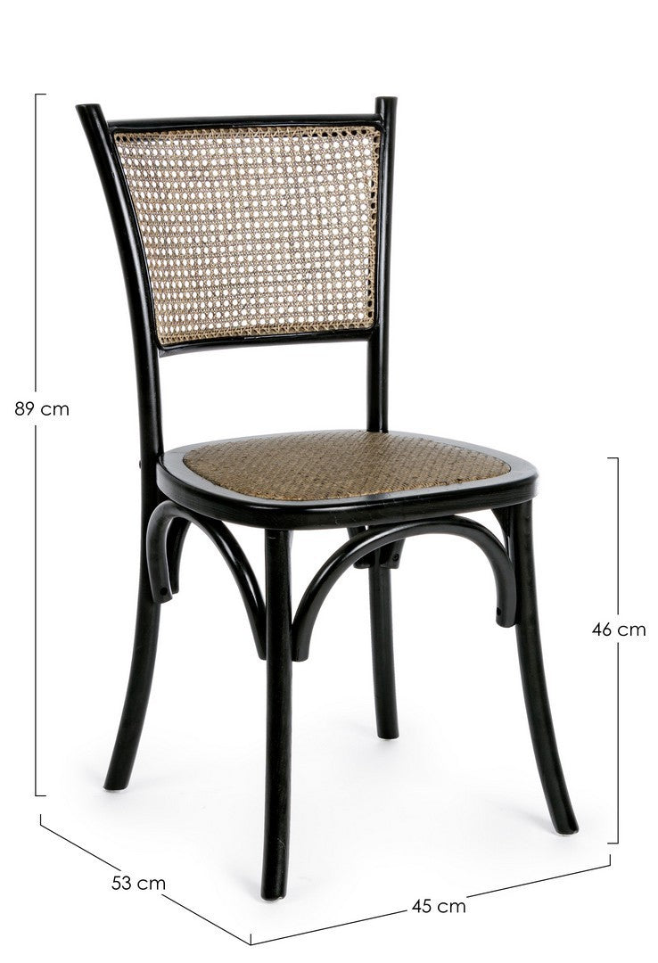 Stuhl Carrel aus Ulmenholz mit Rattan-Sitzfläche und Rückenlehne, erhältlich in Schwarz, Weiß und Natur.