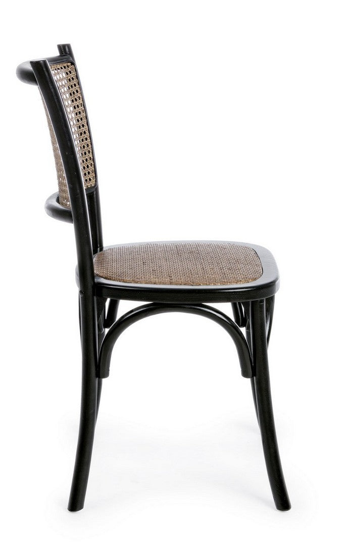 Stuhl Carrel aus Ulmenholz mit Rattan-Sitzfläche und Rückenlehne, erhältlich in Schwarz, Weiß und Natur.
