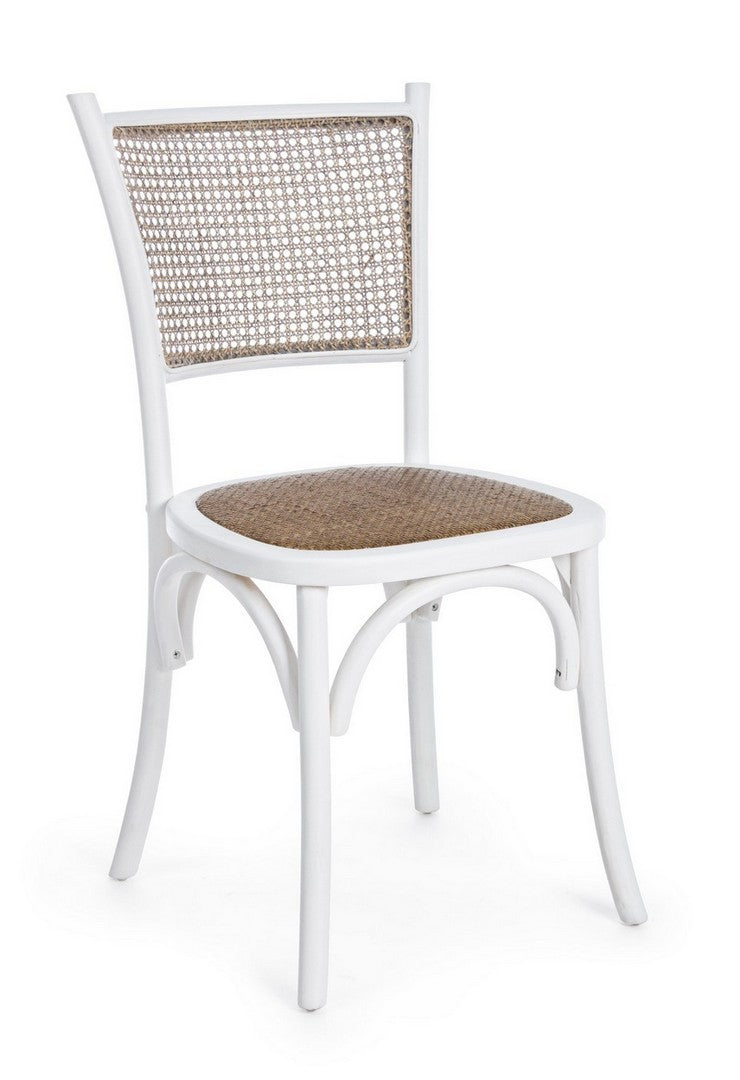 Stuhl Carrel aus Ulmenholz mit Rattan-Sitzfläche und Rückenlehne, erhältlich in Schwarz, Weiß und Natur.
