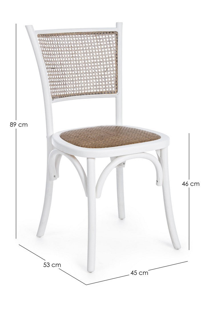 Stuhl Carrel aus Ulmenholz mit Rattan-Sitzfläche und Rückenlehne, erhältlich in Schwarz, Weiß und Natur.