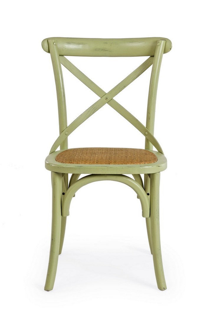 Klassischer Restaurant Stuhl Cross von Bizzotto in verschiedenen Farben mit Ulmenholzrahmen und gepolsterter Rattansitzfläche.